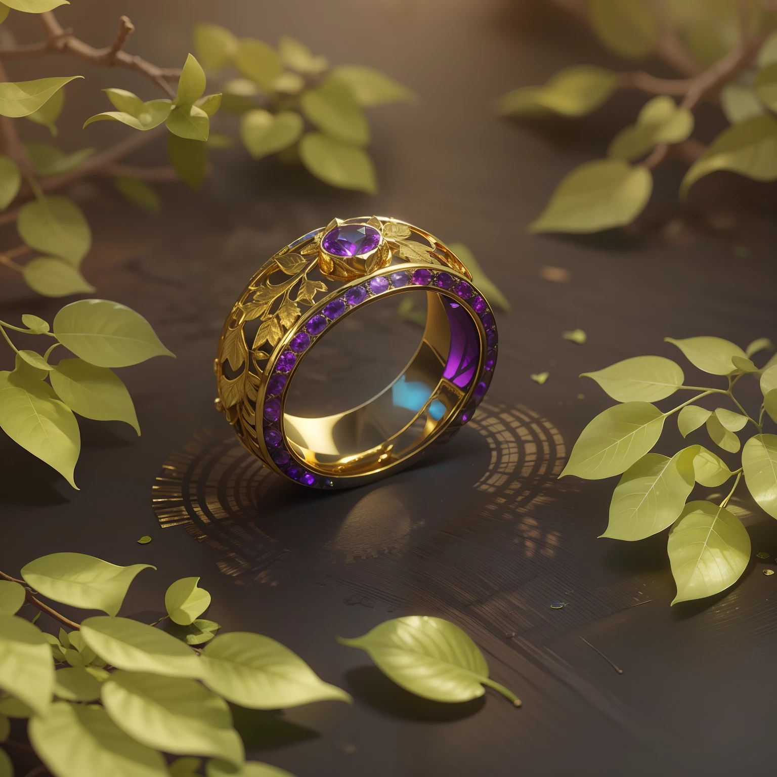 Product image of the ring,Gold ring with purple gemstones,tmasterpiece,(Very detailed CG unity 8k wallpaper),(best qualtiy),(Most Best Illustration),(best shadow),The background is a forest theme with natural elements,blossoms,a warm color palette,surrounded by exquisite leaves and branches,rays of sunshine,(nature elements),(Jungle theme),(leafs),vine,butterflys,(exquisite leaves),(particle effect),Isometric 3D,rendering by octane, Ray traching,ultra-detailliert --v6
