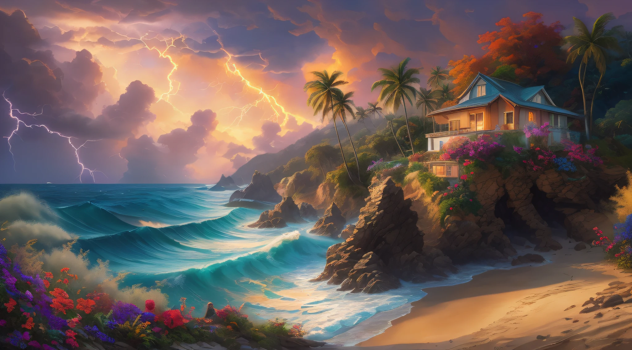 a tropical island at sunset, architecturally beautiful modern villas perched on the steep cliff face, tall palm trees line the coast along the golden sandy beach, huge tsunami barrel wave rolls into the cove, colourful flowers line the clifftops, (dramatic colourful sky), purple_yellow_ storm_clouds, lightning, digital painting, gorgeous digital painting, beautiful art uhd 4 k, stunning digital painting, tropical atmosphere, 4k highly detailed digital art, dreamlike digital painting, beautiful oil matte painting, rhads and thomas kinkade, dream scenery art, highly detailed digital painting, fantasy sea landscape, very beautiful digital art, (8k, RAW photo, best quality, masterpiece:1.2, masterpiec8K.HDR. highresabsurdres:1.2, film grain, blurrybokeh:1.2, lens flare, (vibrant color:1.2), (delicate))