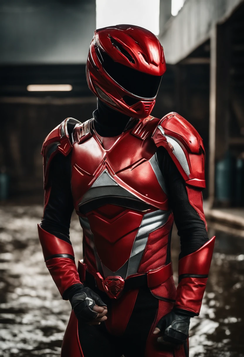 red ranger damage armor while kneeling down to the surface cinematic lighting realistic and intense combat scenario darker and cool gritty zach snyder cinematography 4k resolution of this photorealistic