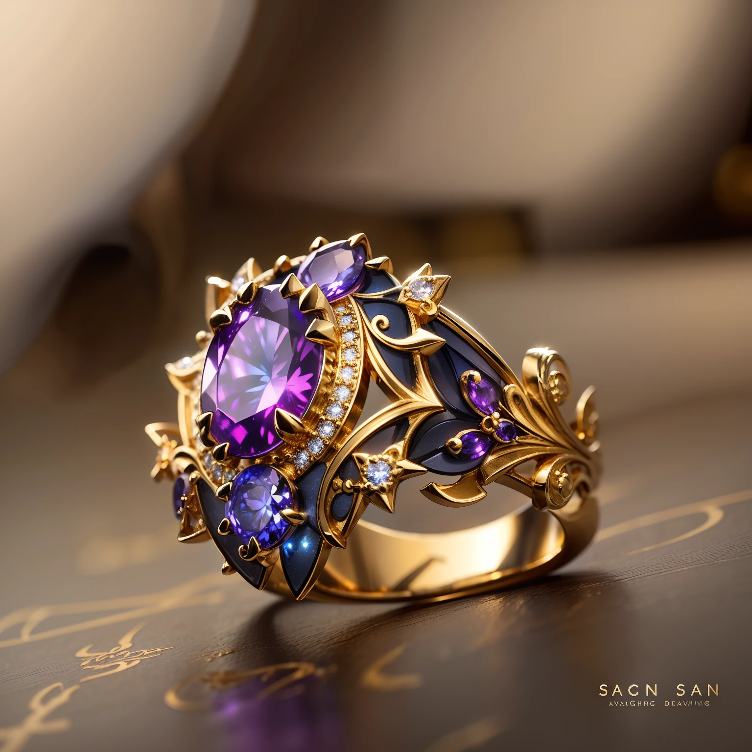 Masterpiece，highest  quality，(Nothing but the ring)，(No Man),Phoenix ring setting，starrysky，Wrapped around the end from beginning to end，Delicate gold ring，Starry sky in the ring,The sheen，inverted image，Sparkling blue-purple gemstones，Elegant and noble,simple backgound