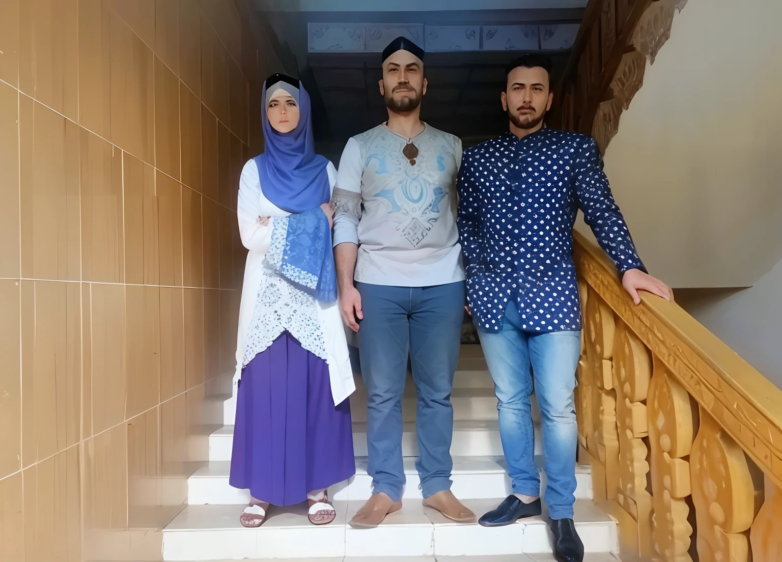 Make them sexually involved, the male having a boner, both female breast bigger, wider ass, change background into a hotel room, both female wearing hijab
