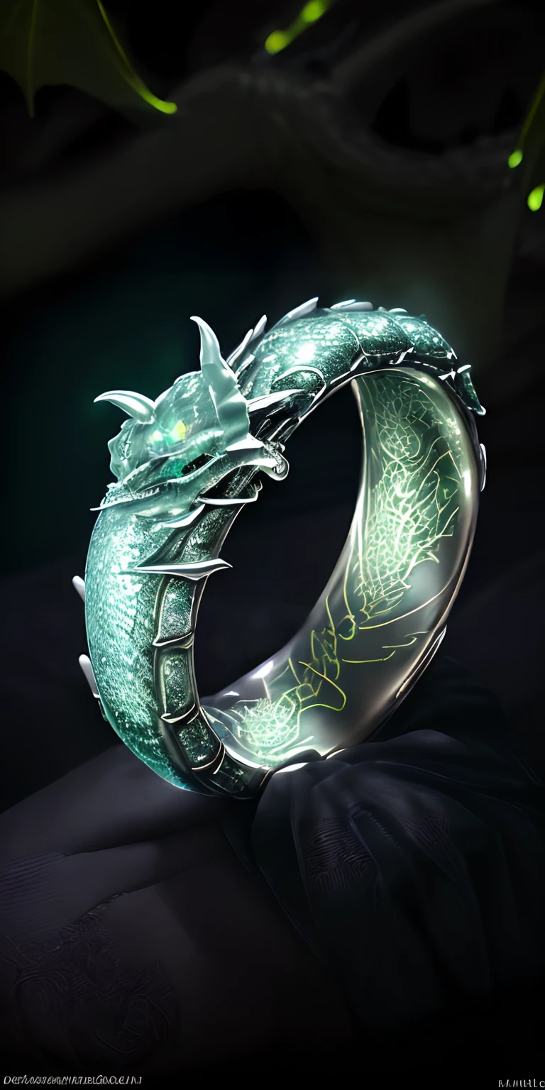 Masterpiece,highest quality, Amidst an ethereal rainforest, the illumination of moonlight reveals (a dragon's head flawlessly engraved on a ring:1.5)