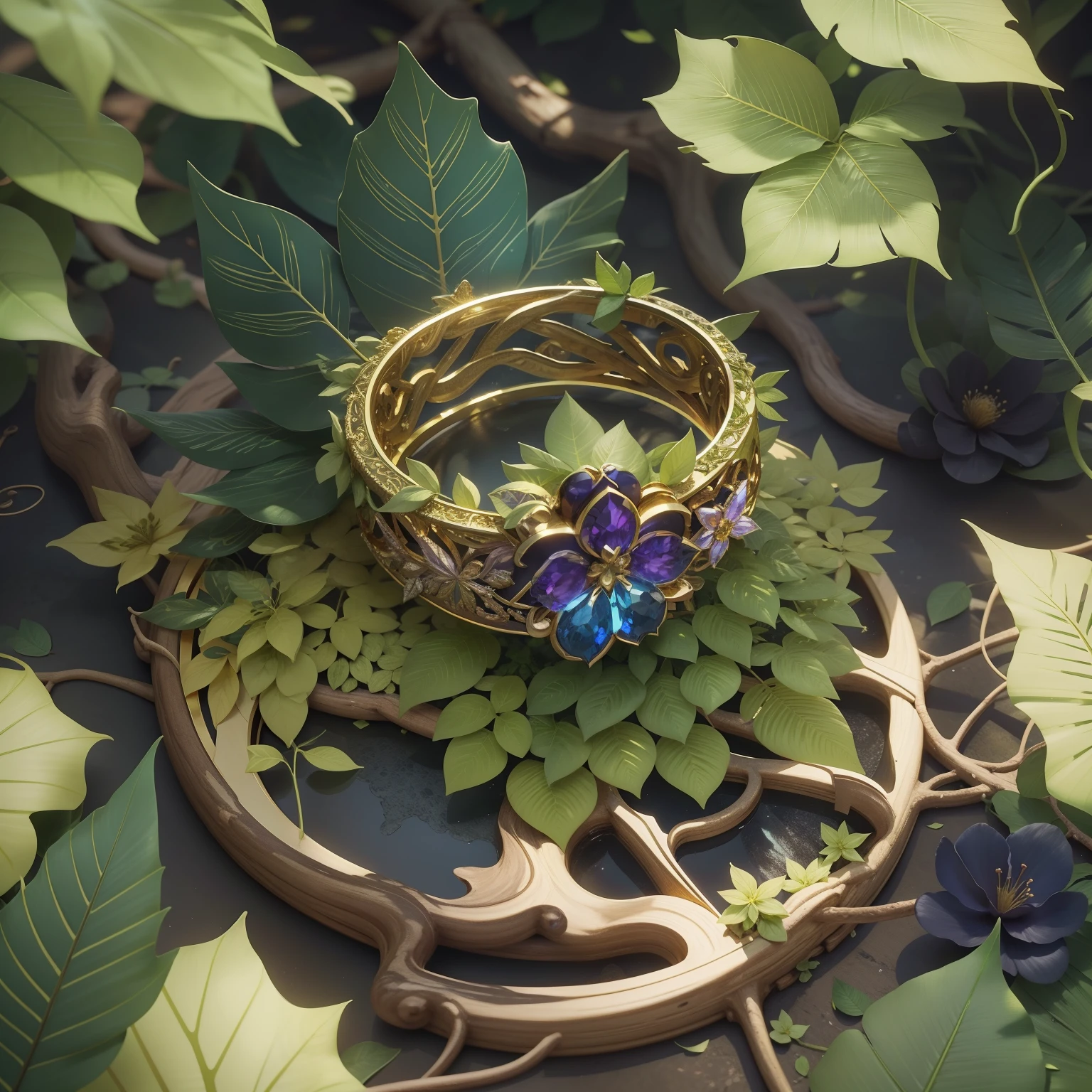 Product image of the ring,Gold ring with blue-purple gemstones,tmasterpiece,(Very detailed CG unity 8k wallpaper),(best qualtiy),(Most Best Illustration),(best shadow),The background is a forest theme with natural elements,blossoms,a warm color palette,surrounded by exquisite leaves and branches,rays of sunshine,(nature elements),(Jungle theme),(leafs),vine,butterflys,(exquisite leaves),(particle effect),Isometric 3D,rendering by octane, Ray traching,ultra-detailliert --v6