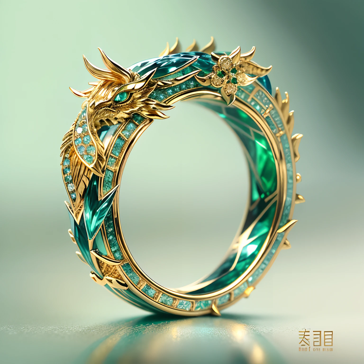 Masterpiece，highest  quality，(Nothing but the ring)，(No Man),The ring is shaped like a Chinese dragon，Wrapped around the end from beginning to end，Delicate gold ring，The sheen，inverted image，Sparkling blue-green gemstones，Elegant and noble,simple backgound