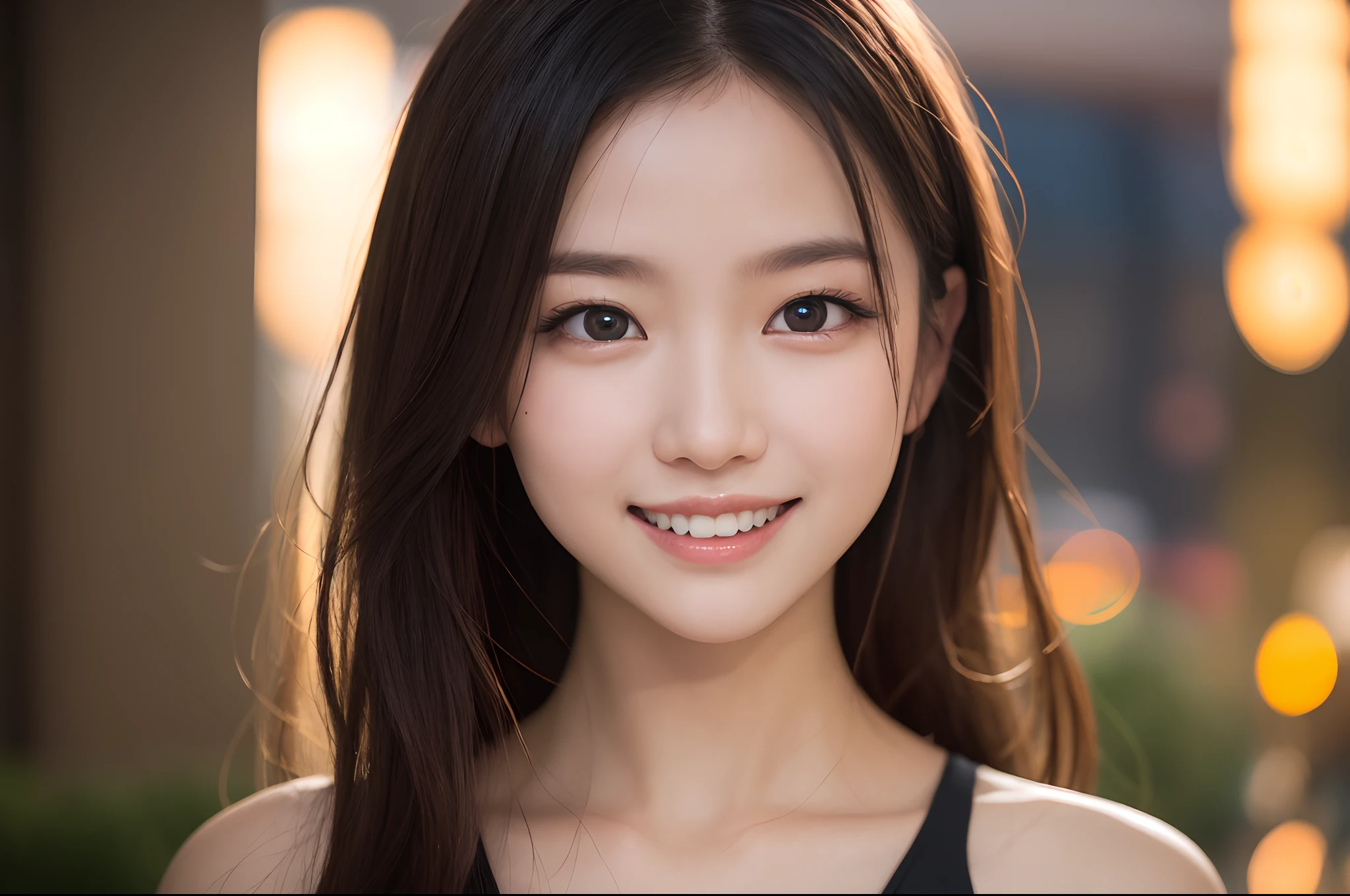 masterpiece, best quality, 8k, young, raw photo, absurdres, award winning portrait, smile, smile, solo, night, neon, idol face, violaceaess, gardeniass, delicate girl, upper body, DSLR, looking at viewer, candid, sophisticated, youthful, thin arms, professional lighting, film grain, chromatic aberration, (detailed eyes and face:1.0), (bokeh:1.1)