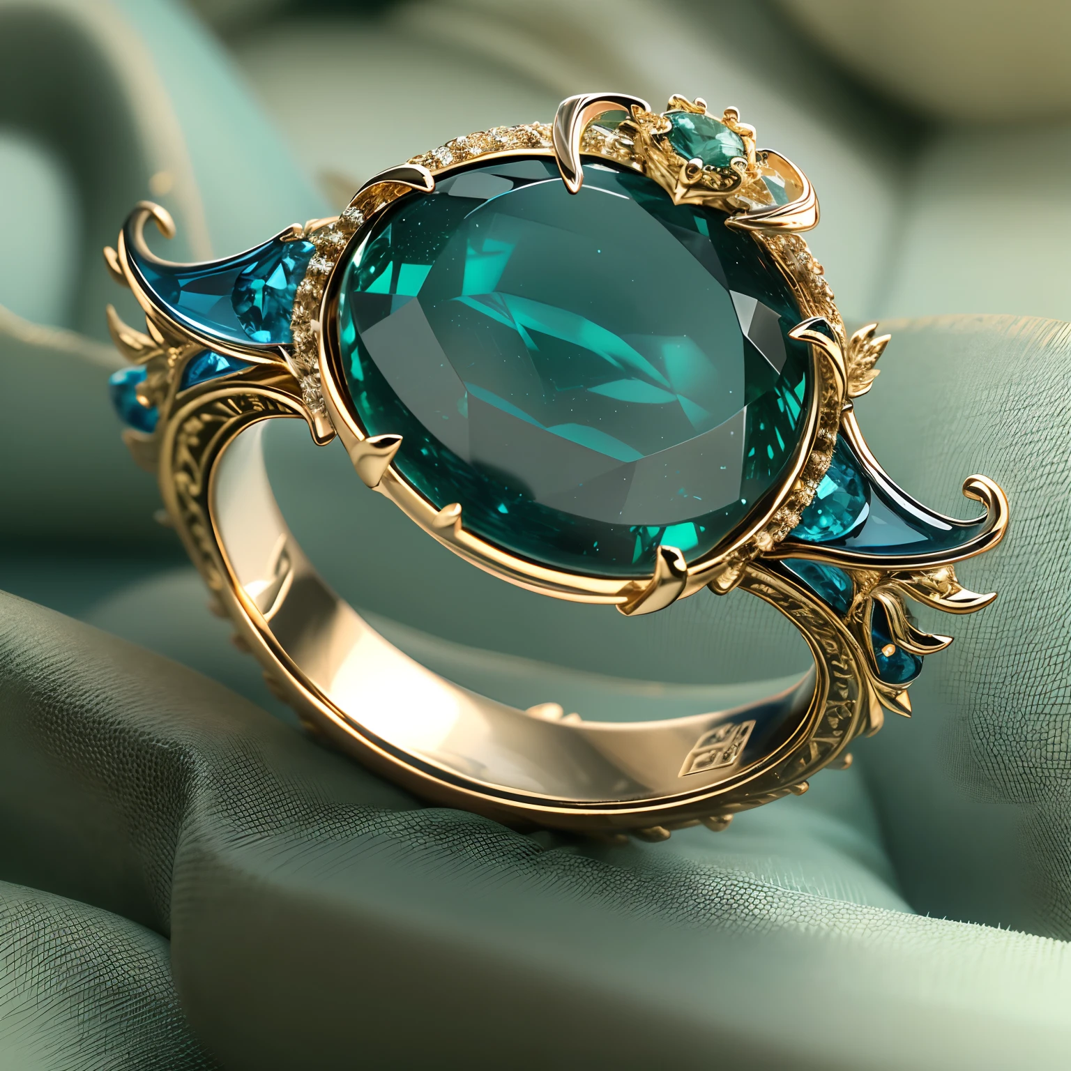 Masterpiece，highest  quality，(Nothing but the ring)，(No Man),The ring is shaped like a Chinese dragon，Wrapped around the end from beginning to end，Delicate gold ring，The sheen，inverted image，Sparkling blue-green gemstones，Elegant and noble,simple backgound