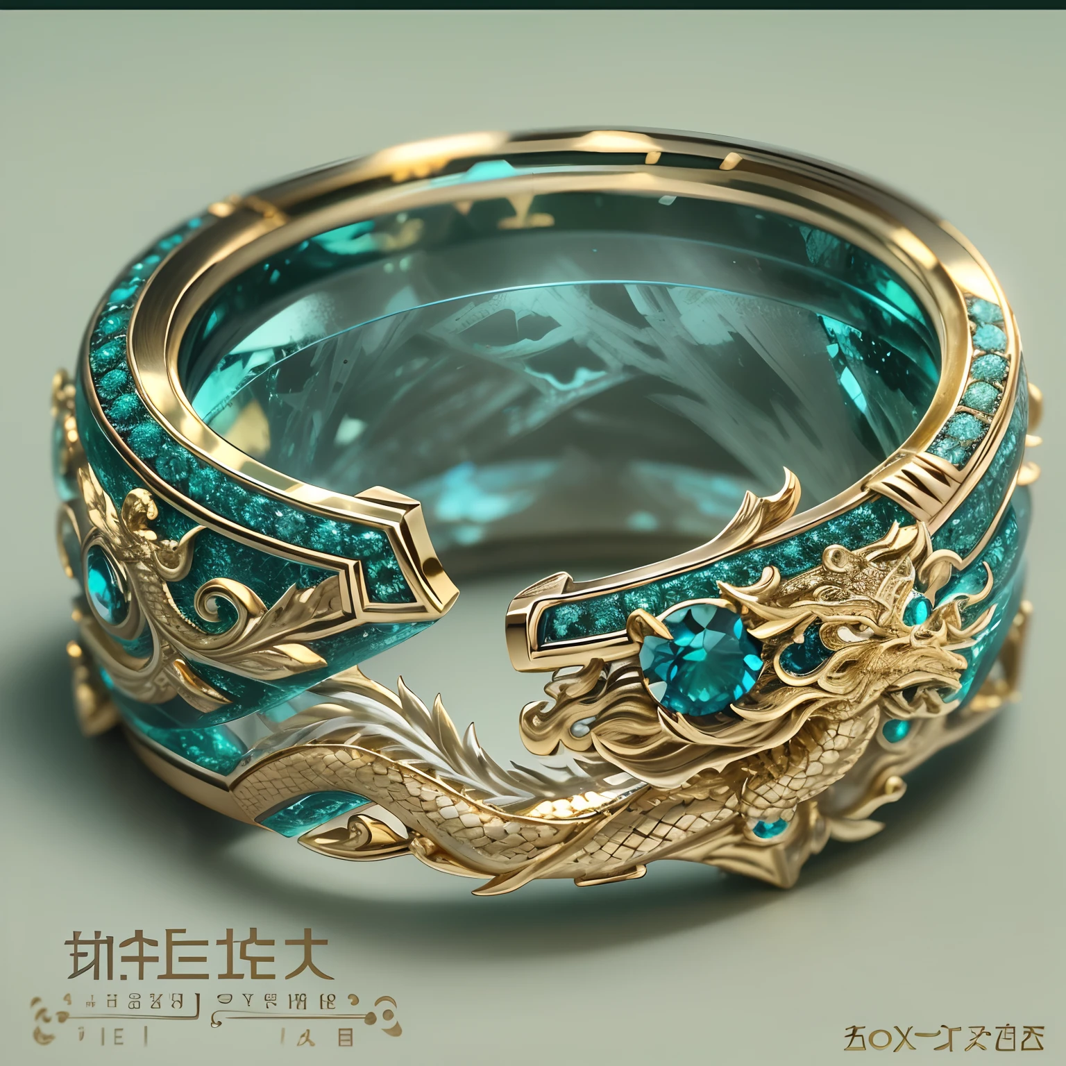 Masterpiece,highest quality,(Nothing but the ring),(No Man),The ring is shaped like a Chinese dragon,Wrapped around the end from beginning to end,Delicate gold ring,The sheen,inverted image,Sparkling blue-green gemstones,Elegant and noble,simple backgound