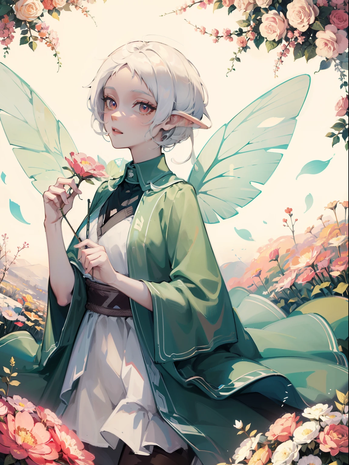 white short hair, red delaled sparkling eyes, Flower fairy, Transparent colorful wings, Magic wand，The background is forest，fresh flowers，green trees，Outstanding quality，illustration，8k，High definition, white short hair