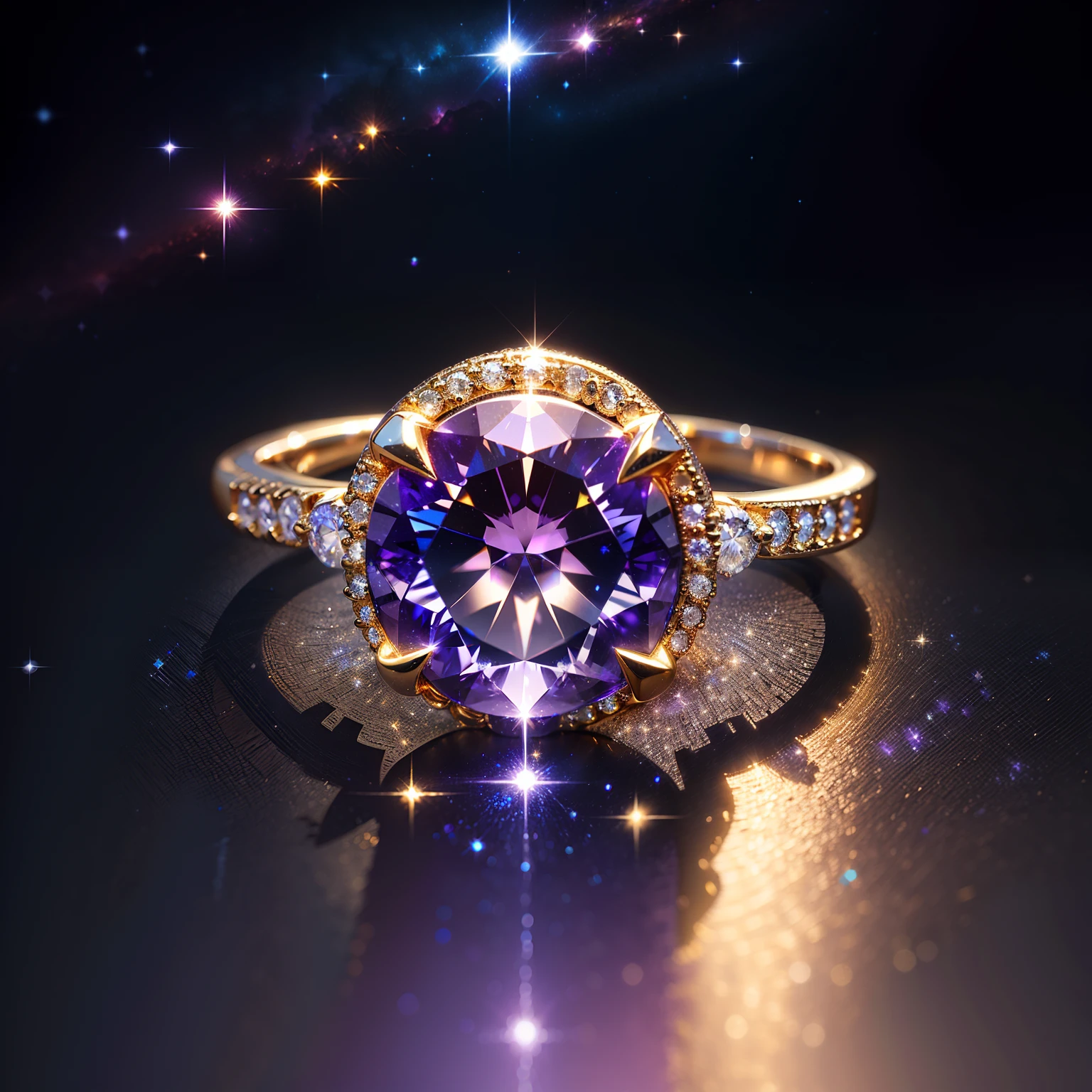 Masterpiece,highest quality,Gemstone rings,(Nothing but the ring),(No Man),Phoenix ring setting,starrysky,Wrapped around the end from beginning to end,Delicate gold ring,Starry sky in the ring,The sheen,inverted image,Sparkling blue-purple gemstones,Elegant and noble,simple backgound