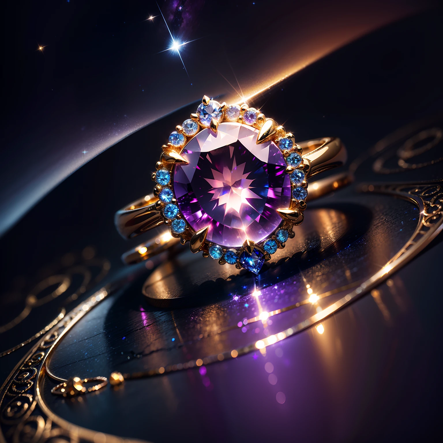 Masterpiece,highest quality,Gemstone rings,(Nothing but the ring),(No Man),Phoenix ring setting,starrysky,Wrapped around the end from beginning to end,Delicate gold ring,Starry sky in the ring,The sheen,inverted image,Sparkling blue-purple gemstones,Elegant and noble,simple backgound
