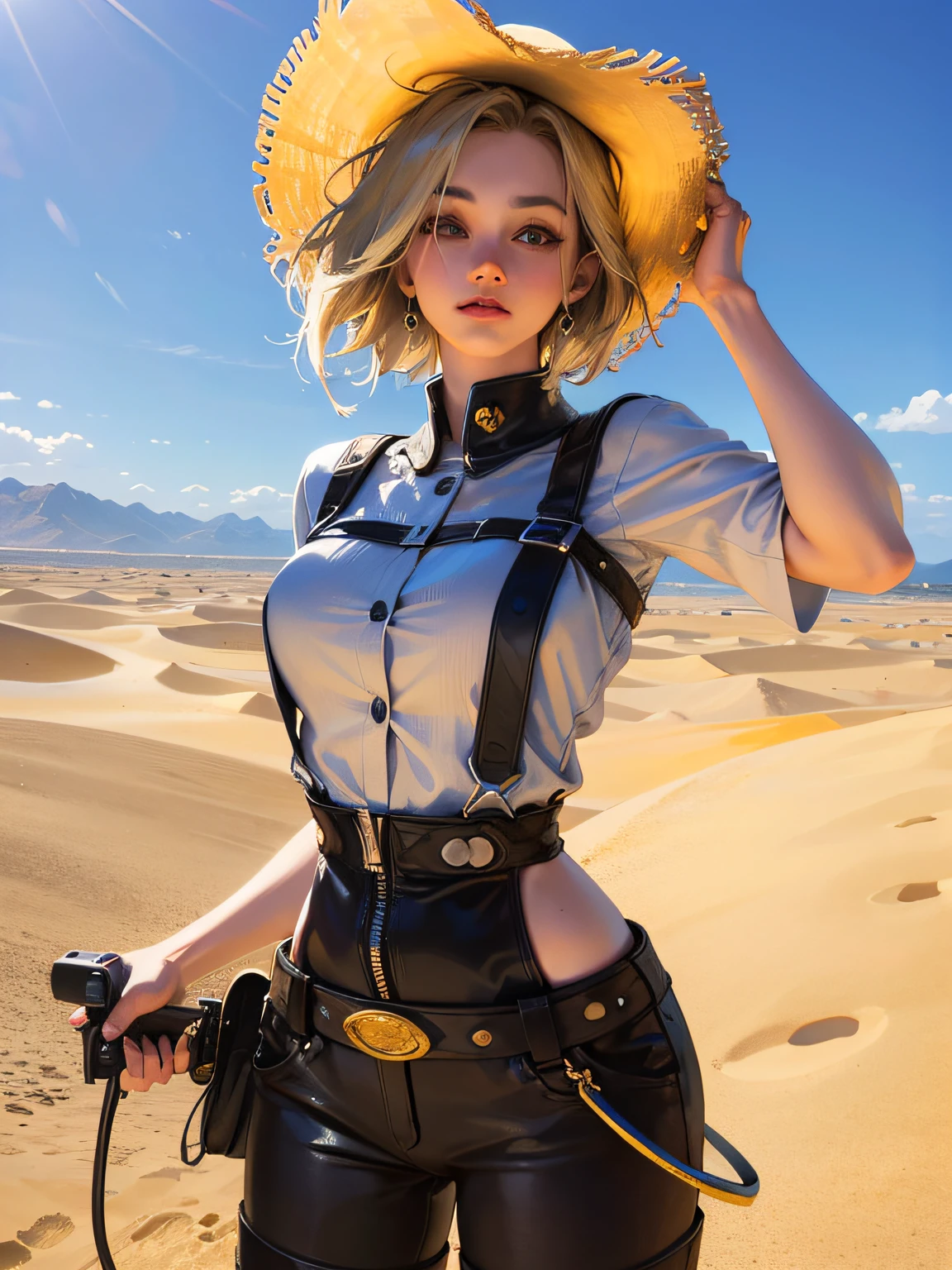 (melhor qualidade,4k,8k,alto,master part:1.2),ultra-detalhado,(Realistic,fotorrealista,photo-realistic:1.37),(HDR,UHD) Uma  blond loira com cabelo short curto, Detailed blue eyes and detailed lips, vestida como uma cowgirl em uma velha roupa marrom rasgada, Wearing a hat in used old cowboy leather, segurando uma pistola, Em uma paisagem do deserto do Velho Oeste. The girl has a confident expression on her face and her hair is slightly messy from the desert wind. The desert scenery has sand dunes and cacti scattered around, creating an arid and rugged environment. The lighting is warm and golden, projetando longas sombras em toda a cena. The colors are vibrant and vivid, com uma mistura de tons terrosos e estalos de azul dos olhos da meninaoverall scene exudes a sense of adventure and the spirit of the wild west.