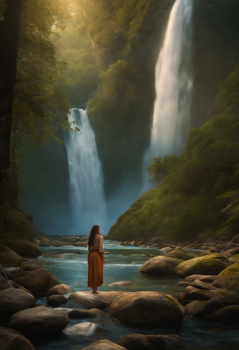 Isabela and the rug arrive at a shimmering waterfall in a magical world.
She and the carpet discover that water has magical healing properties.