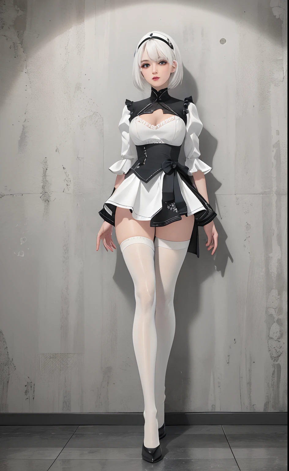 (8k), sharp focus, highres, 1girl, full body, midoridef, white hair,(high quality:1.2), (high detail:1.2), (masterpiece:1.2), (extremely detailed:1.2), pantyhose