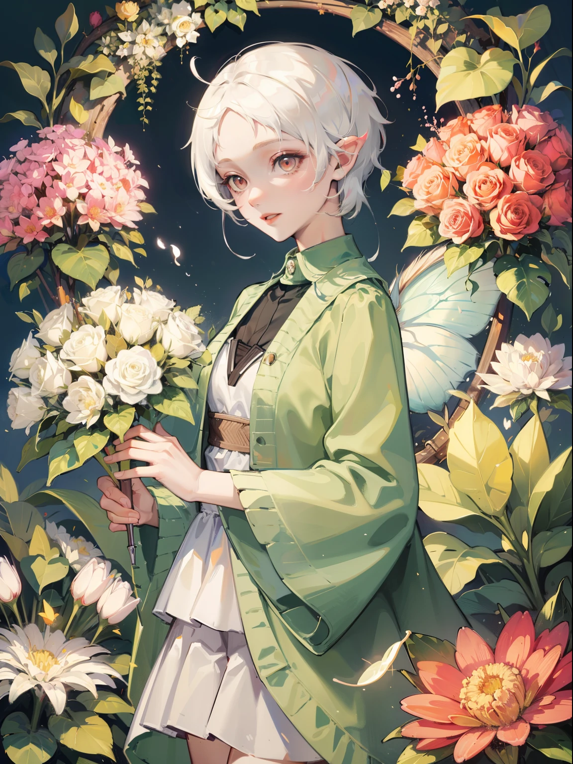 white short hair, red delaled sparkling eyes, Flower fairy, Transparent colorful wings, Magic wand，The background is forest，fresh flowers，green trees，Outstanding quality，illustration，8k，High definition, white short hair