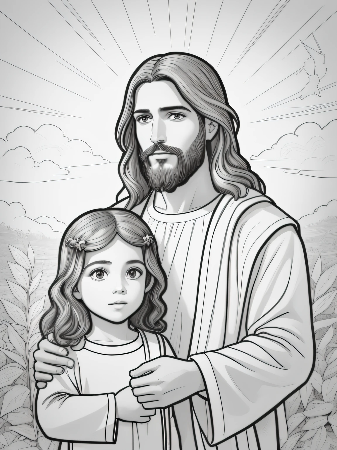 A black and white drawing of Jesus with children, bible illustration, Com o Menino Jesus, official illustration, black and white coloring, desenhos para colorir, catholic religious art, Jesus Cristo, arte vetorial em preto e branco, Pai, desenhado com photoshop, full-page illustration, 256x256, 256x256, Desenho de Desenho para colorir, with a 