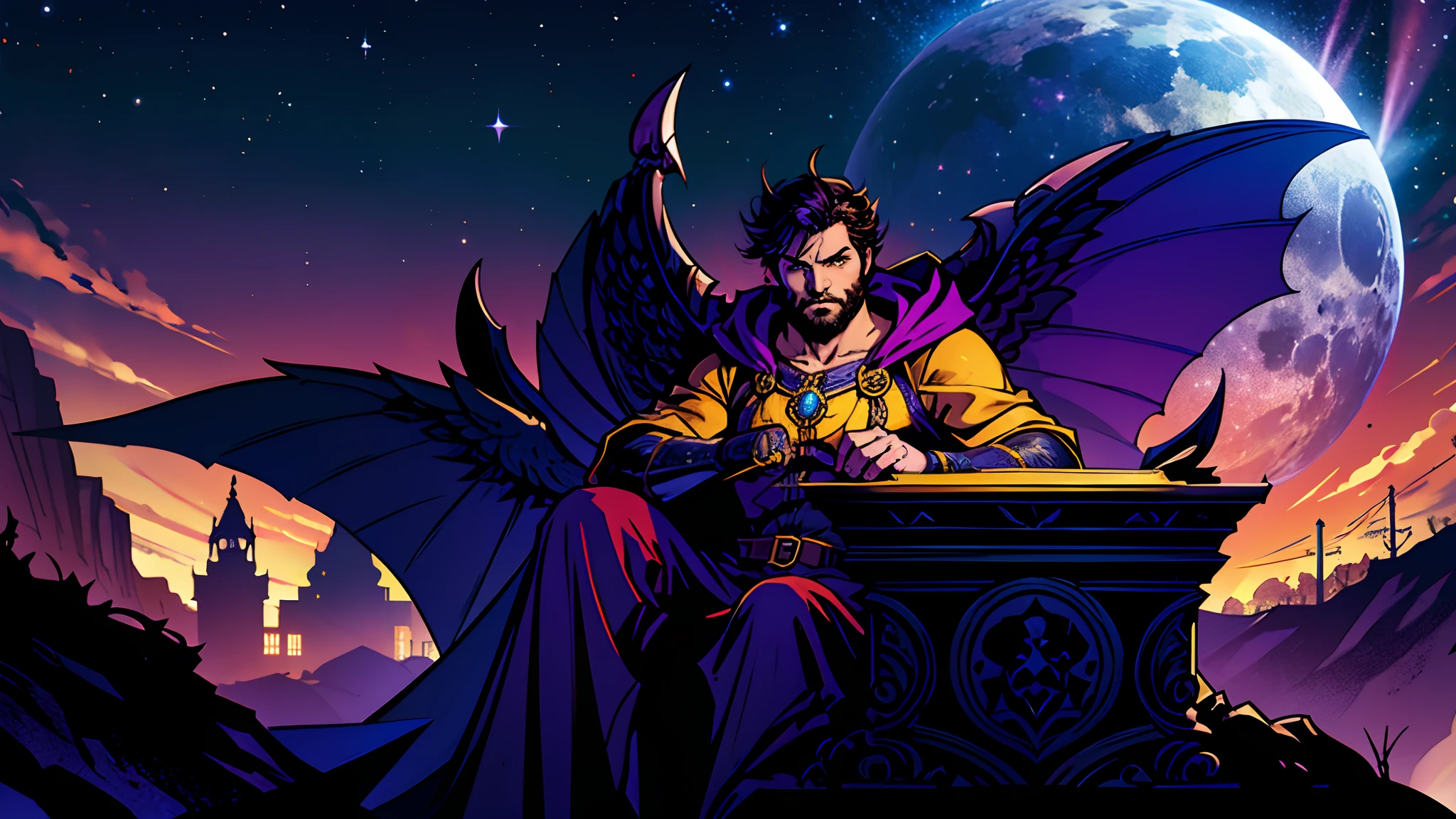 Durandal is a young male necromancer, whose short hair is a caramel shade. Sua face apresenta algumas marcas de batalha e um fino bigode caramelo. He is on his way to a tomb that is the resting place of a powerful Lich. Segurando seu livro da morte, ele segue com cautela arrastando seu manto roxo com estrelas brilhantes