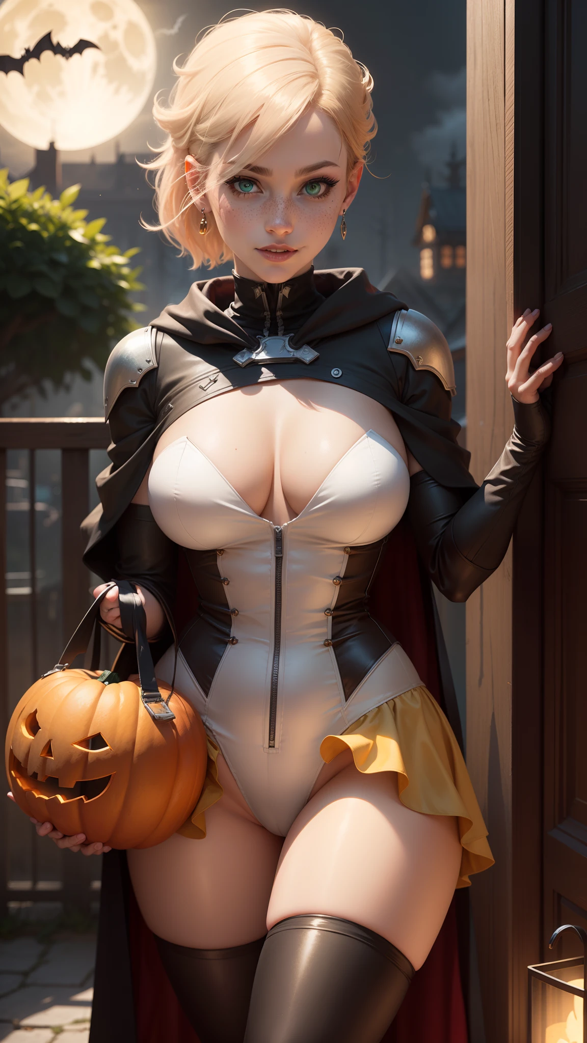gwen tennyson,tracer,yorha 2b,rebecca chambers,atelier ryza,overwatch,1girl, close up,mecha pilot,halloween village, white and red plugsuit,hair pin,pirate corset,silver long sleeve lycra top,black leggings,short hair,cute makeup, green eyes,orange and golden hair,shy smile,freckles,redhead,beautiful girl,large breasts,ultra detailed,realistic,fantasy art,goth ruffle skirt,halloween pumpkin, moonlight,silver earrings,steel armor, vampire cloak,vampire fangs,