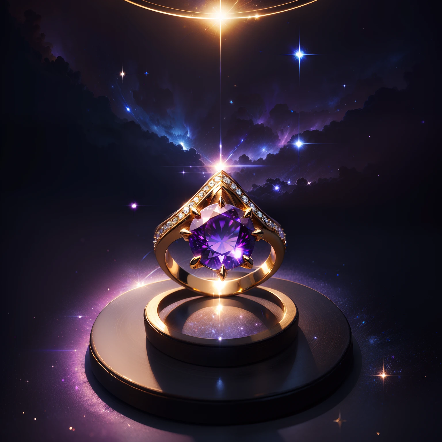 Masterpiece，highest  quality，(Nothing but the ring)，(No Man),Phoenix ring setting，starrysky，Wrapped around the end from beginning to end，Delicate gold ring，Starry sky in the ring,The sheen，inverted image，Sparkling blue-purple gemstones，Elegant and noble,simple backgound