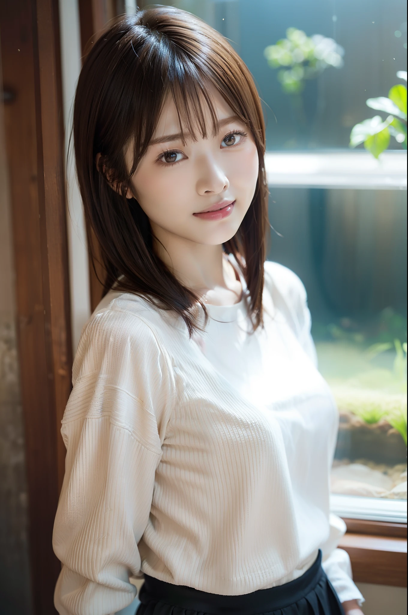 in 8K,Best Quality:1.4, 超A high resolution:1.5, (Photorealistic:1.4),masterpiece:1.2,(top-quality:1.4)、 Raw photo、(the background is blurred), aquariums、FULL BODYSHOT:1.5、 1日本人の女の子, Cute, (Solo), (Shy smile), Smooth skin、(30-years old:1.4)、to stand、Check miniskirt、Cute mini skirt、 (Brown medium hair,Bangs), (touch hair:1.4)、nogizaka、cute little、Supple fingertips,Beautiful black eyes、natural skin textures:1.3, realistic eyes and face details:1.7、middlebreasts、gazing at viewer、beauty legs、autumnal、long-sleeve、fish tank