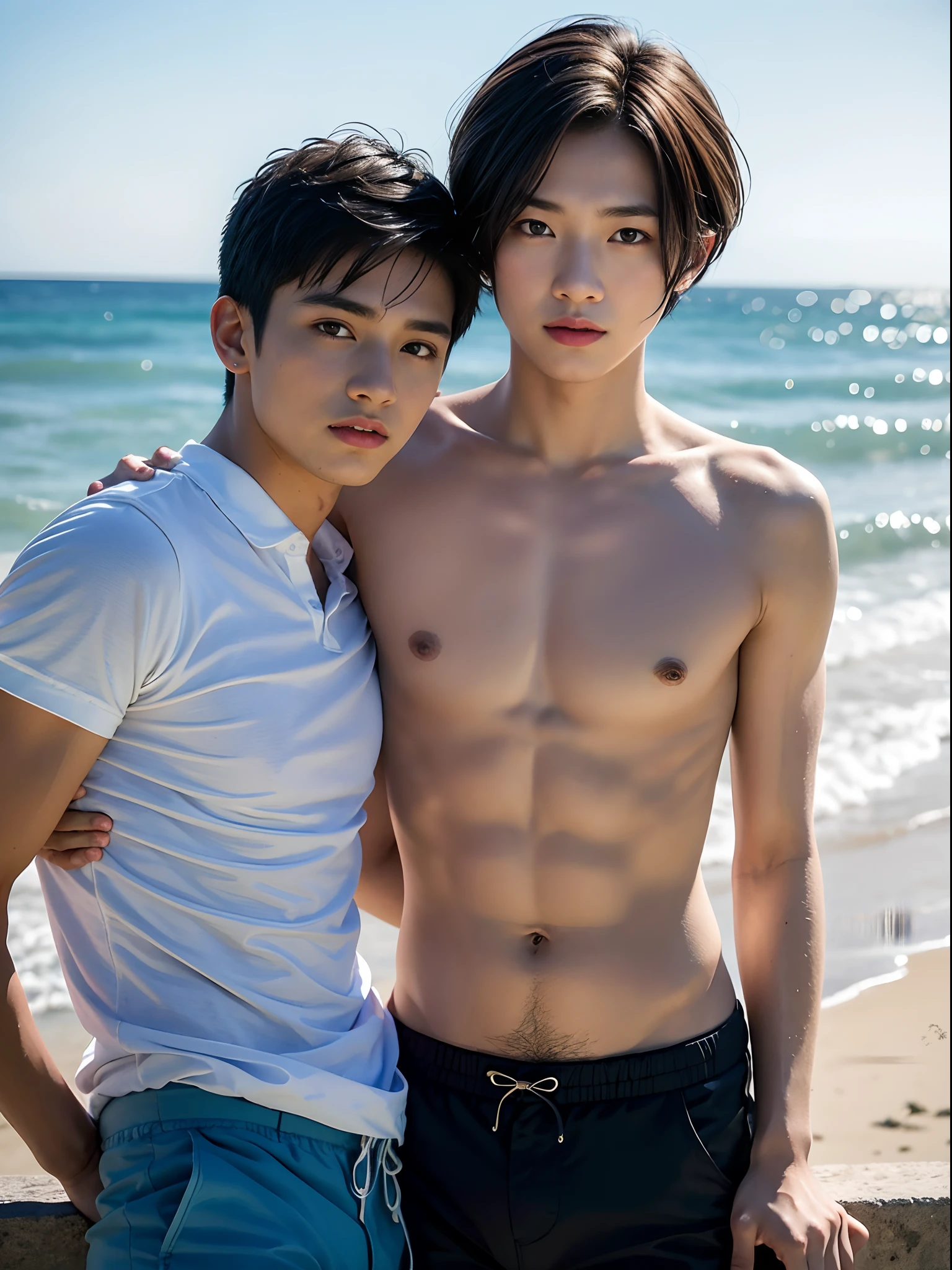 1boys, 18yr old, singaporean, Soft lighting, Comb-over hairstyle, Masterpiece, Best quality, 8K  UHD, Digital SLR, filmgrain, Fujifilm XT3 The art of realistic painting，systemic, black short under cut  hair style，(((Face front ))), Excellent body proportions, Clear and beautiful face, Shirtless, blue short pants, Have by the sea,