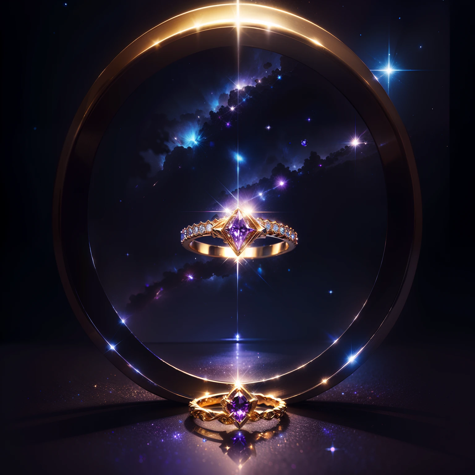 Masterpiece,highest quality,(Nothing but the ring),(No Man),Phoenix ring setting,starrysky,Wrapped around the end from beginning to end,Delicate gold ring,Starry sky in the ring,The sheen,inverted image,Sparkling blue-purple gemstones,Elegant and noble,simple backgound