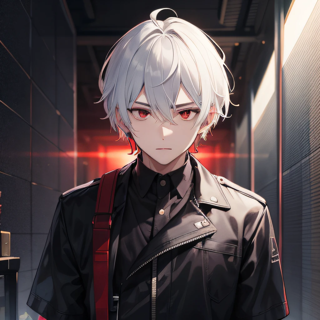 young man, front view, facing front, black&white hair, red eyes