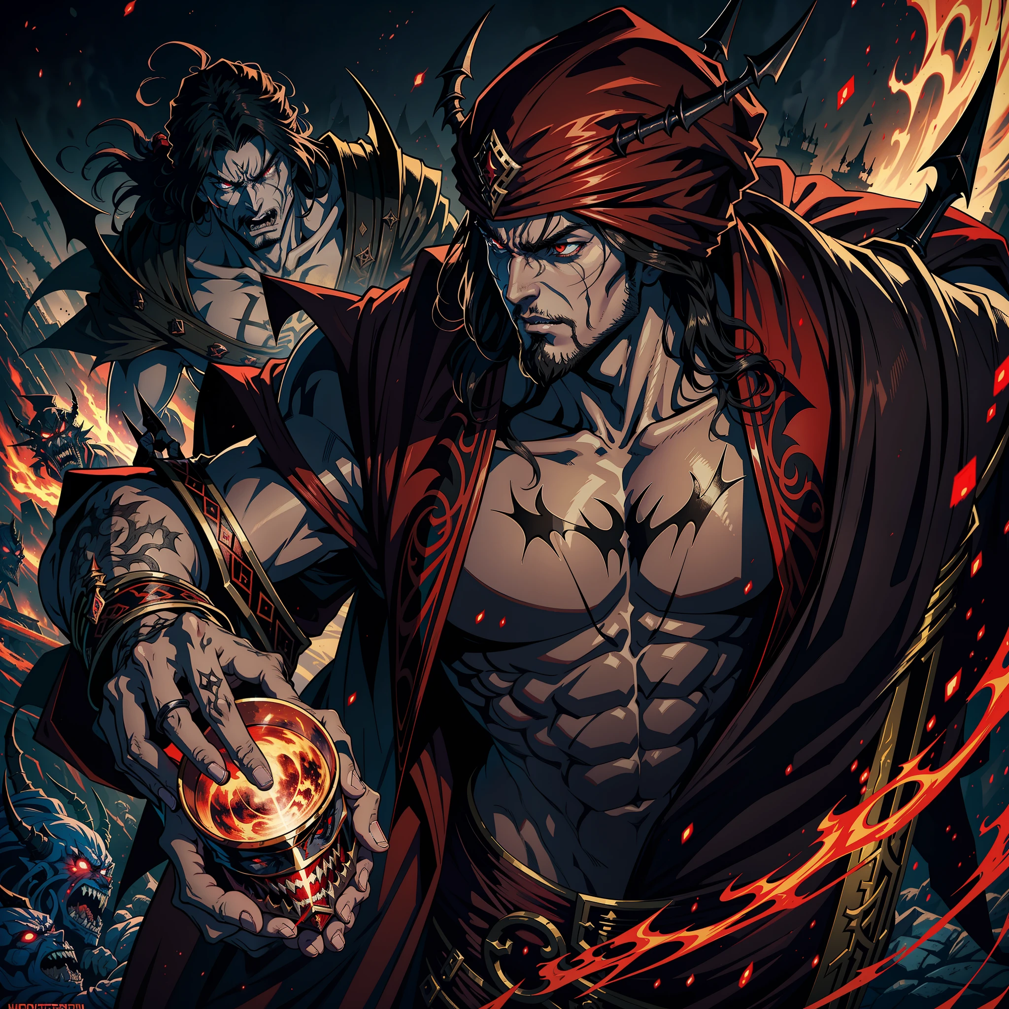Castlevania Hyper Realistic Shadow Lord Super Detailed Dynamic Shot Master Piece of Lord Dracula Medieval Arab Warrior with Red Turban Scary Face Hokuto No Ken Structure Face Muscular Kenshiro Leading Troops Army of Demons to Battle Sharp Details Cinematic Scenes Epic Movie Legendary Hyper Realistic
