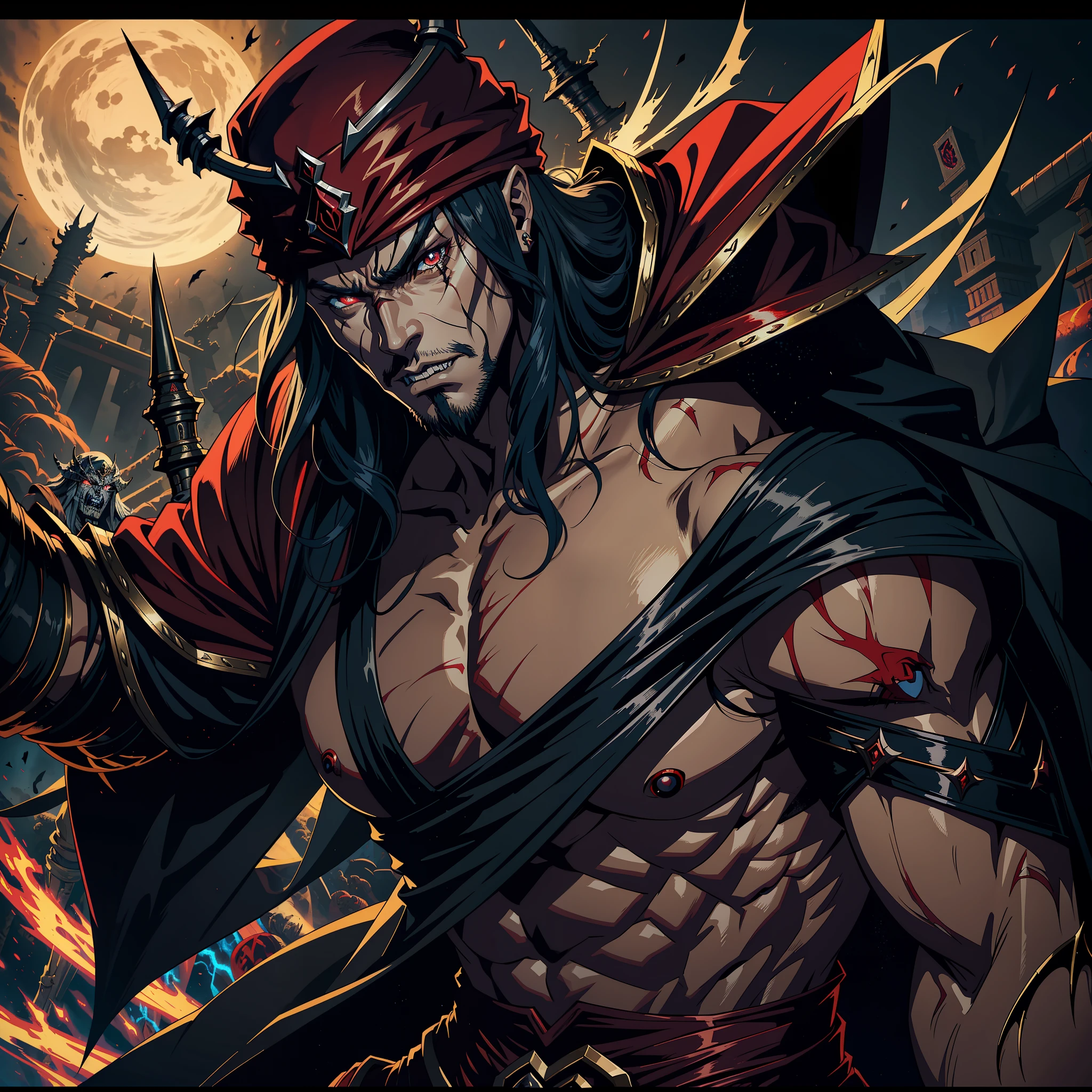 Castlevania Hyper Realistic Shadow Lord Super Detailed Dynamic Shot Master Piece of Lord Dracula Medieval Arab Warrior with Red Turban Scary Face Hokuto No Ken Structure Muscular Face Kenshiro Troops at the head Army of demons to fight sharp details Cinematic Scenes Epic Movie Movie Hyper Realistic Movie Legendary Movie Epic Movie Epic Movie