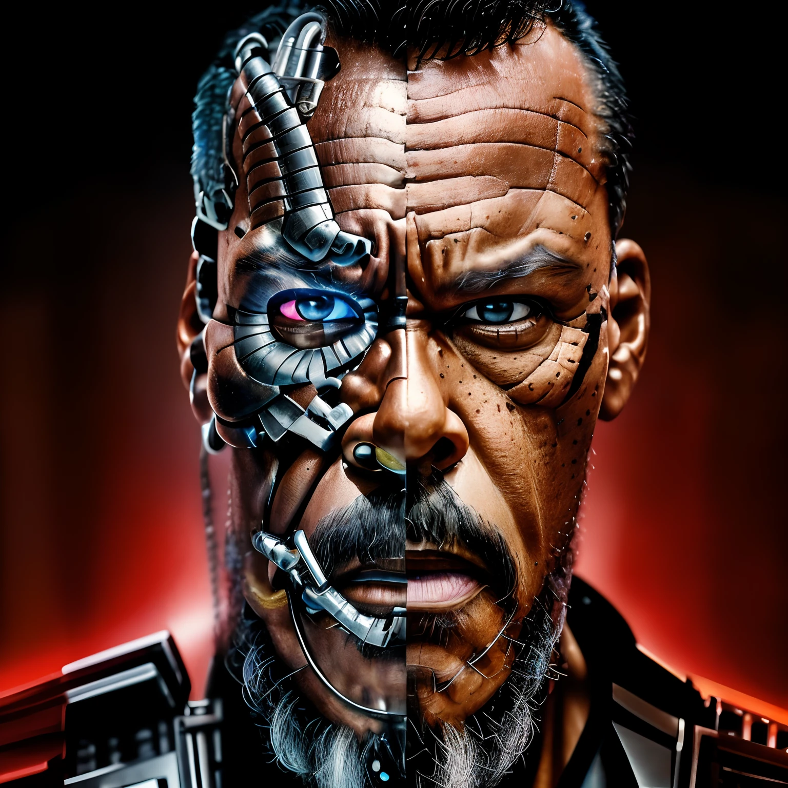 guttojugg1, Create a hyper-realistic and highly detailed close-up of a face split in half, with one side resembling the Terminator from the movie 'The Terminator' and the other side a bearded man. The mechanical side should have intricate metallic textures and red, glowing eyes, while the human side should display natural skin tones and intricate facial hair details. Ensure (((extreme quality of details))) for this half-man, half-machine composition.