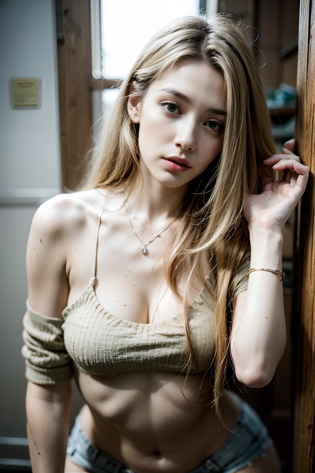 Realistic full body portrait, ruins, biohazard, Alice, zombie game heroine, stunningly beautiful white woman in her 20s holding rifle, translucent white skin, muddy, scratched, mud stained blonde hair and face, torn and tattered clothes, white skin, thighs, smooth skin, isometric detail, stunningly realistic photo, 8K high quality medium dark lighting, high detail, detail eye, detail face