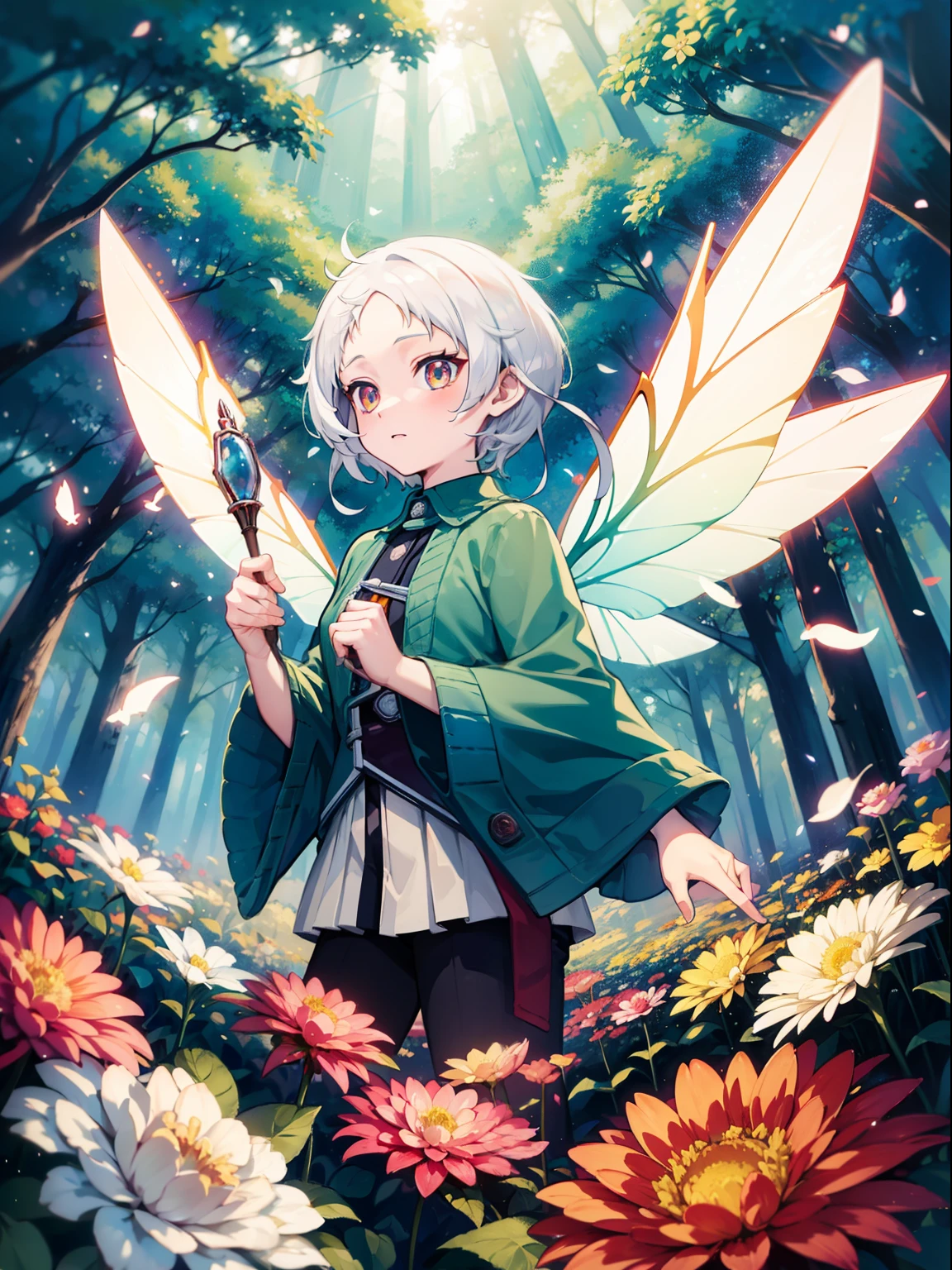 white short hair, red delaled sparkling eyes, Flower fairy, Transparent colorful wings, Magic wand，The background is forest，fresh flowers，green trees，Outstanding quality，illustration，8k，High definition, white short hair