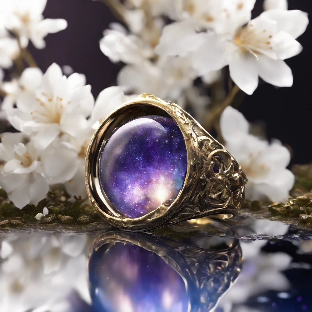 (ring, Metallic texture, Details, Focus:1.45),Dark swamp ripples,Fill with irregular geometric fluid oil,Splashing nebulae,Flowers,grape trees,planetes,black hole, grid,Bubble,Space flickering outside the door, (Color anime style, White background: 1.45),