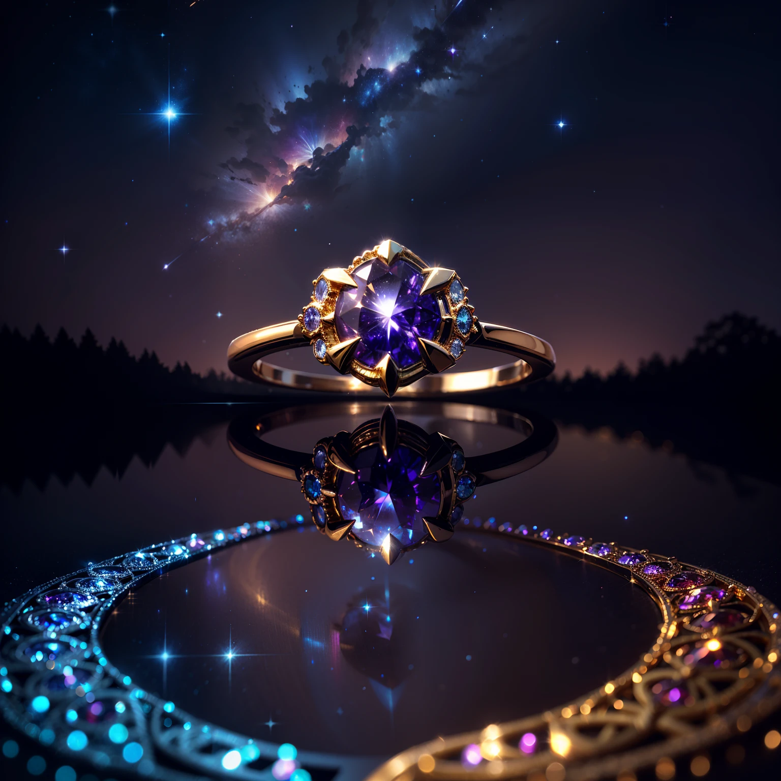 Masterpiece,highest quality,(Nothing but the ring),(No Man),Phoenix ring setting,starrysky,Wrapped around the end from beginning to end,Delicate gold ring,Starry sky in the ring,The sheen,inverted image,Sparkling blue-purple gemstones,Elegant and noble,simple backgound