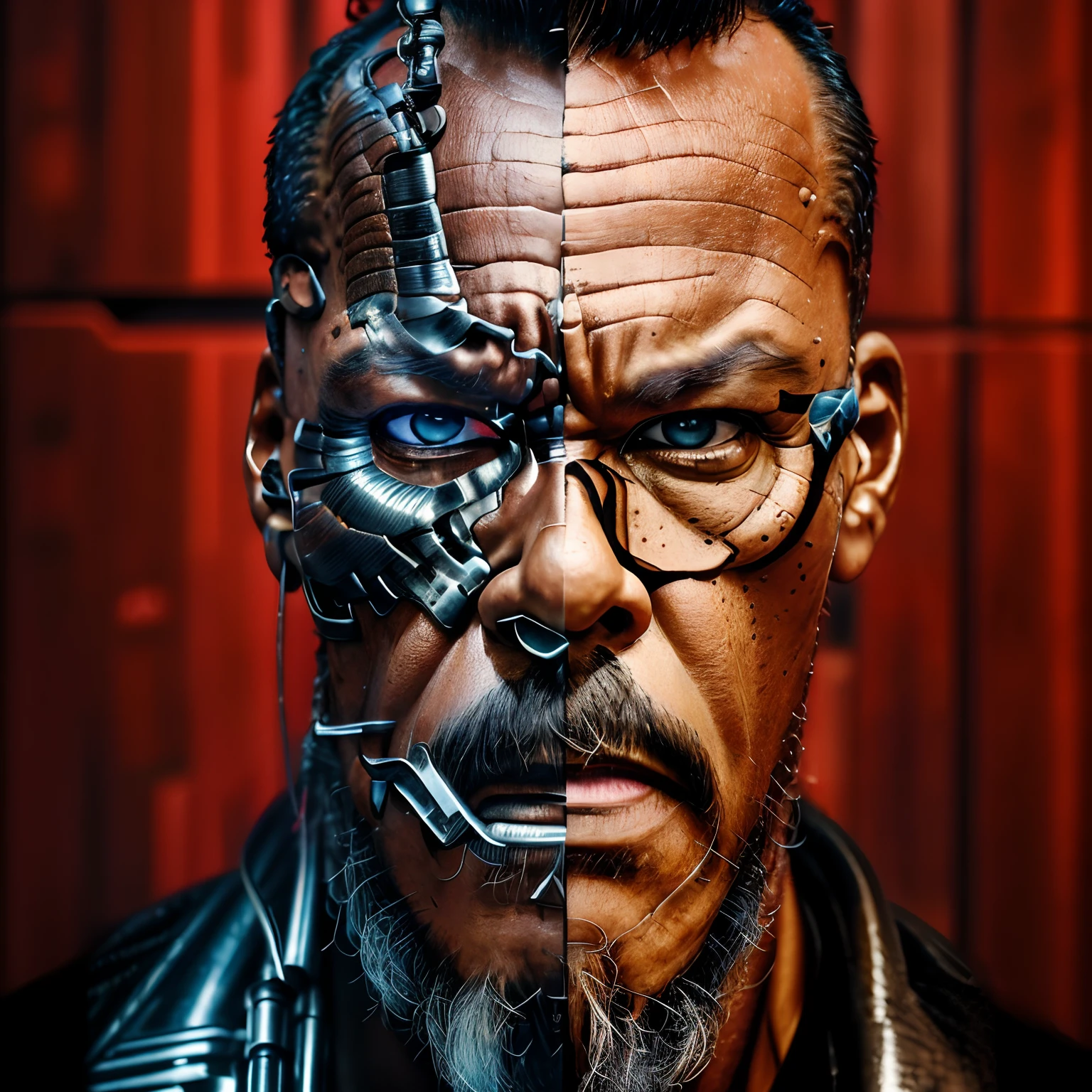 guttojugg1, Create a hyper-realistic and highly detailed close-up of a face split in half, with one side resembling the Terminator from the movie 'The Terminator' and the other side a bearded man. The mechanical side should have intricate metallic textures and red, glowing eyes, while the human side should display natural skin tones and intricate facial hair details. Ensure (((extreme quality of details))) for this half-man, half-machine composition.