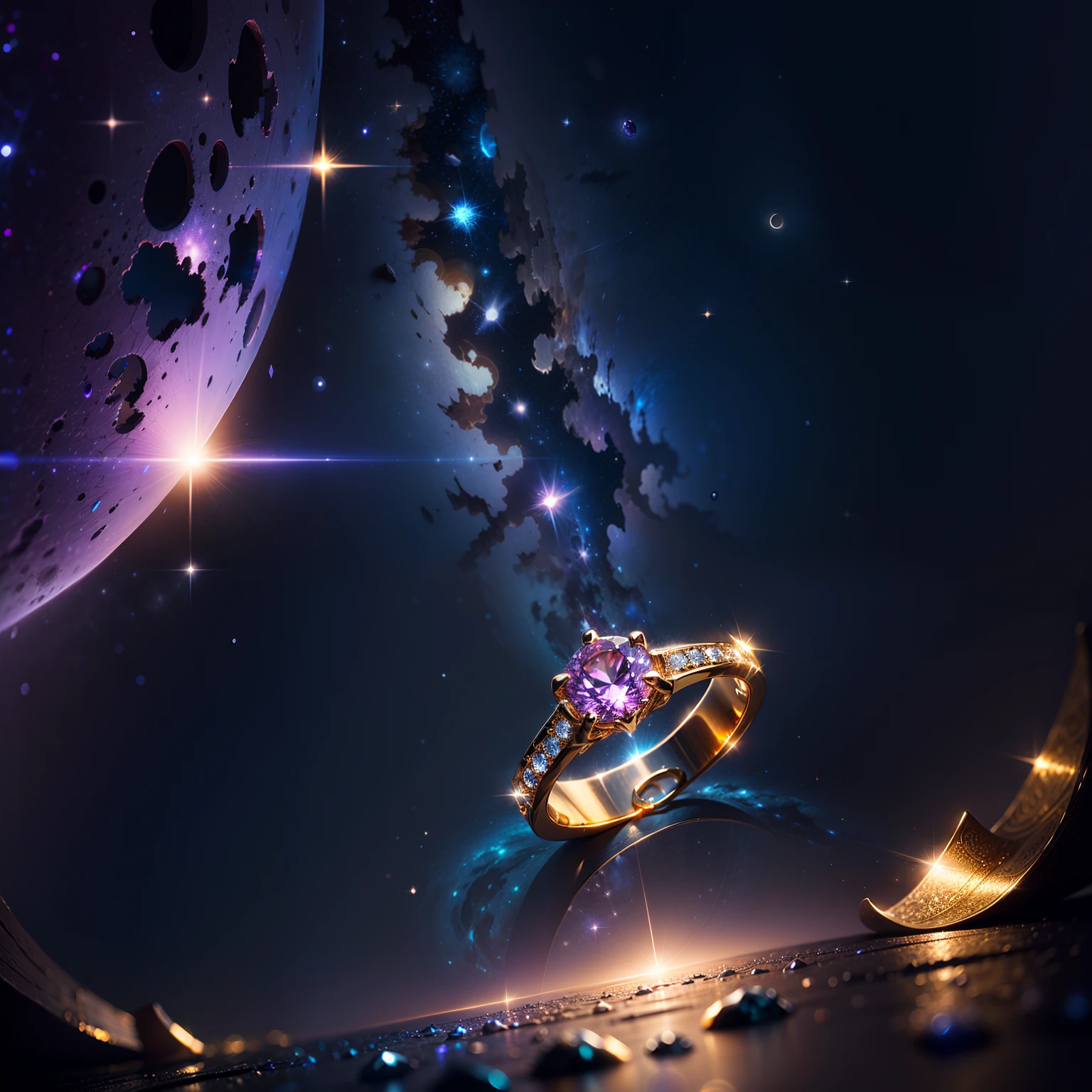 Masterpiece,highest quality,(Nothing but the ring),(No Man),Phoenix ring setting,starrysky,Wrapped around the end from beginning to end,Delicate gold ring,Starry sky in the ring,The sheen,inverted image,Sparkling blue-purple gemstones,Elegant and noble,simple backgound