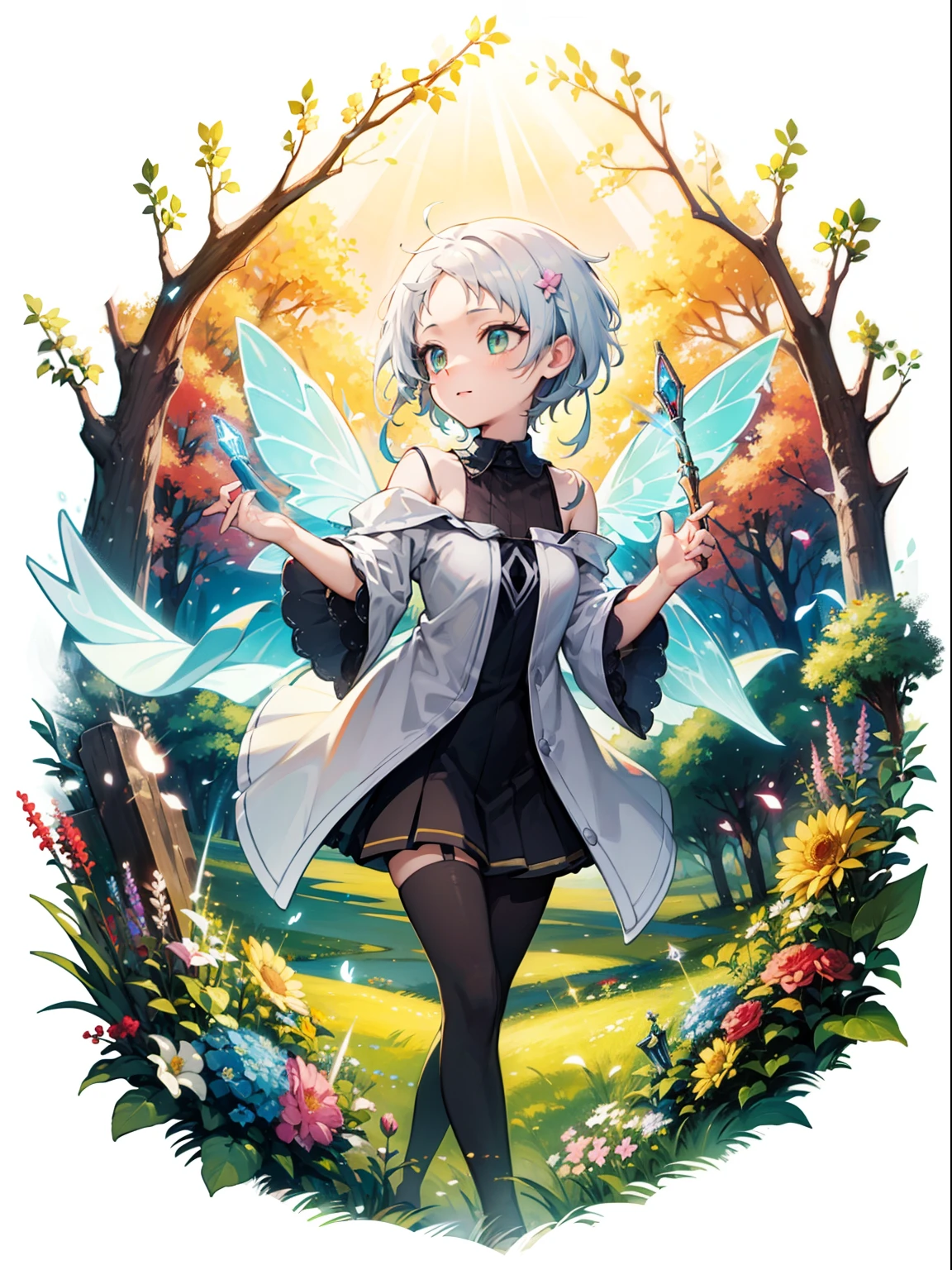 white short hair, red delaled sparkling eyes, Flower fairy, Transparent colorful wings, Magic wand，The background is forest，fresh flowers，green trees，Outstanding quality，illustration，8k，High definition, white short hair