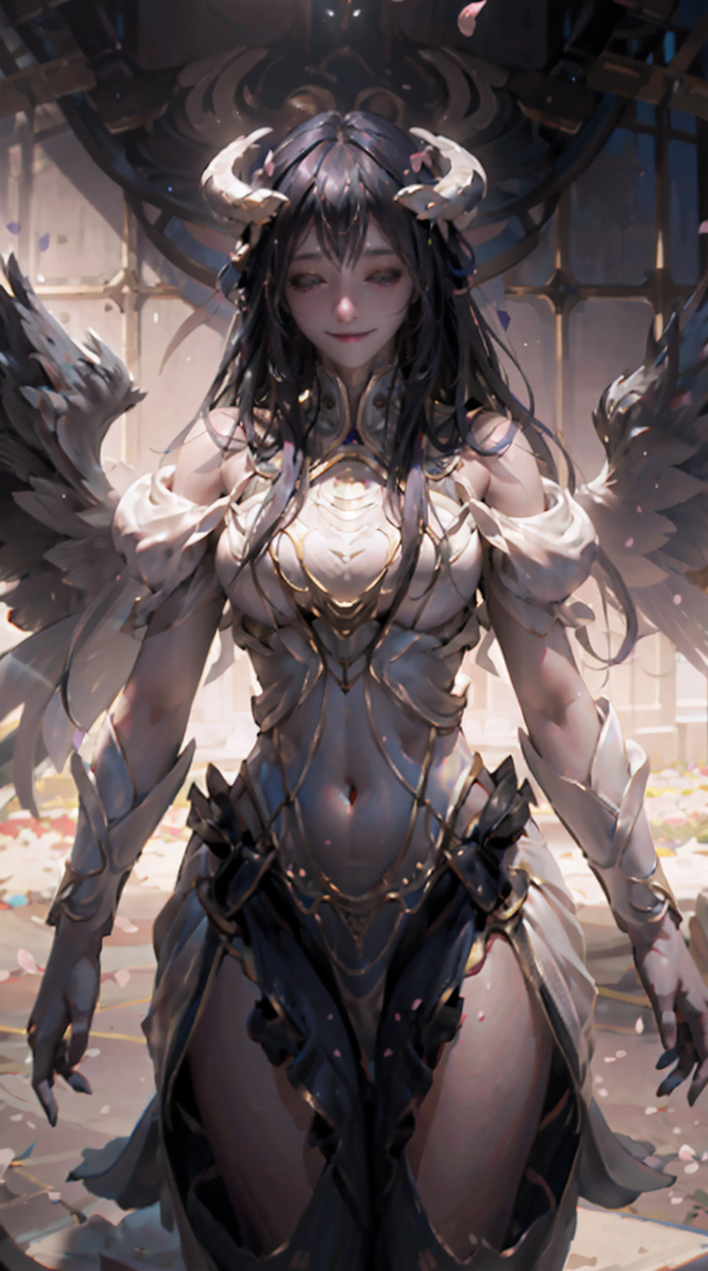 1girl, wings, solo, barefoot, flower, long hair, sky, dress, petals, outdoors, angel wings, holding, holding flower, cloud, closed eyes, feathered wings, purple hair, wind, field