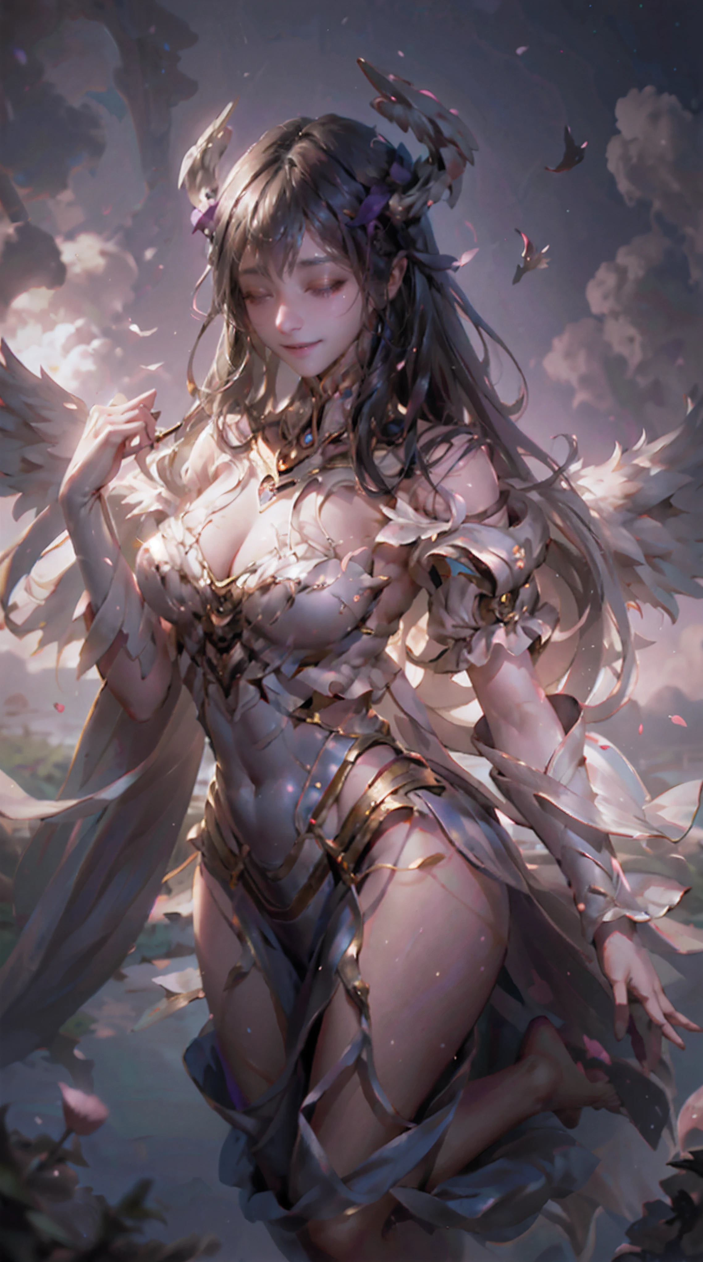 1girl, wings, solo, barefoot, flower, long hair, sky, dress, petals, outdoors, angel wings, holding, holding flower, cloud, closed eyes, feathered wings, purple hair, wind, field