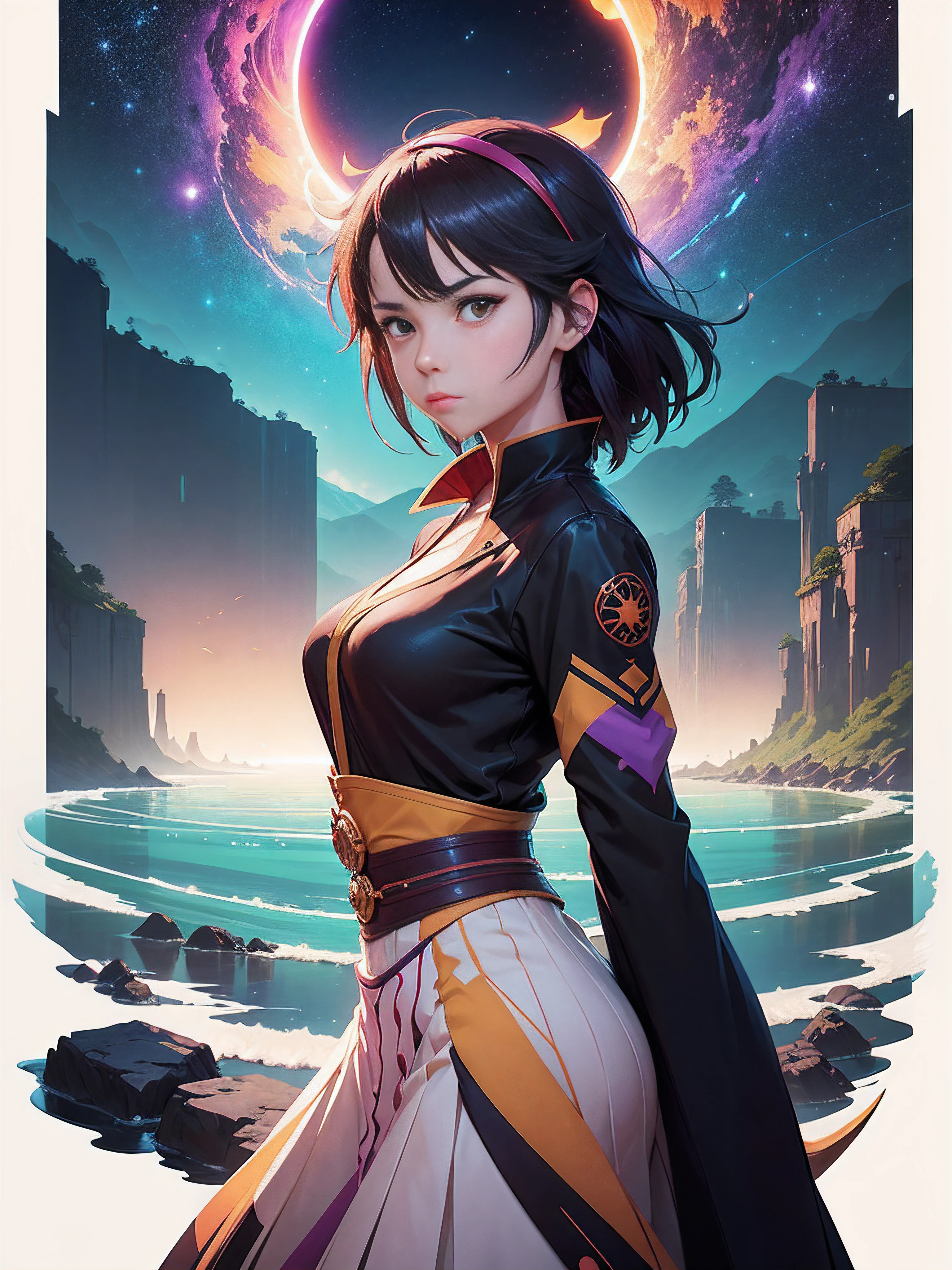 halloween theme, Beautiful majestic river landscape, nebula and starlit sky, Mind expanding, Optical art, Art nouveau, Psychedelic art, kaleidoscopic, Bright, Green, Pink, Purple, orange and Yellow, golden ratio, fake detail, trending pixiv fanbox, acrylic palette knife, style of makoto shinkai studio ghibli genshin impact james gilleard greg rutkowski chiho aoshima