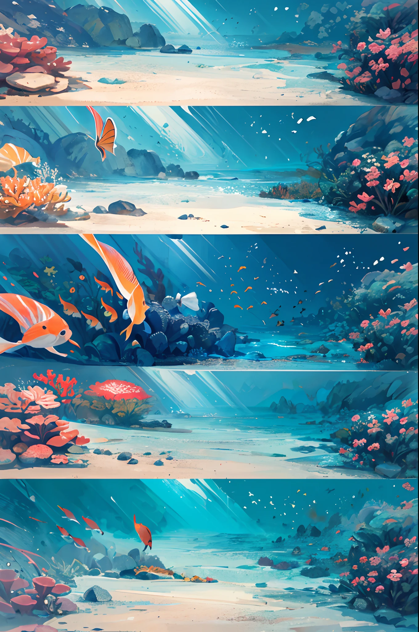 Underwater ocean image with little coral in the bottom left and a small school of fish in the bottom right