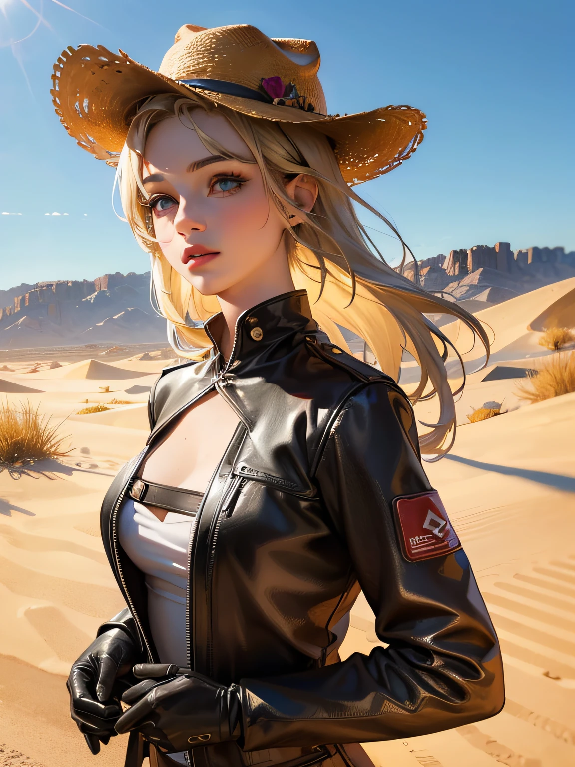 (melhor qualidade,4k,8k,alto,master part:1.2),ultra-detalhado,(Realistic,fotorrealista,photo-realistic:1.37),(HDR,UHD) Uma menina blond loira com cabelo short curto, Detailed blue eyes and detailed lips, vestida como uma cowgirl em uma velha roupa marrom rasgada, Usando um "Old cowboy leather hat" usado, segurando uma pistola, Em uma paisagem do deserto do Velho Oeste. The girl has a confident expression on her face and her hair is slightly messy from the desert wind. The desert scenery has sand dunes and cacti scattered around, creating an arid and rugged environment. The lighting is warm and golden, projetando longas sombras em toda a cena. The colors are vibrant and vivid, com uma mistura de tons terrosos e estalos de azul dos olhos da menina. The overall scene exudes a sense of adventure and the spirit of the wild west.