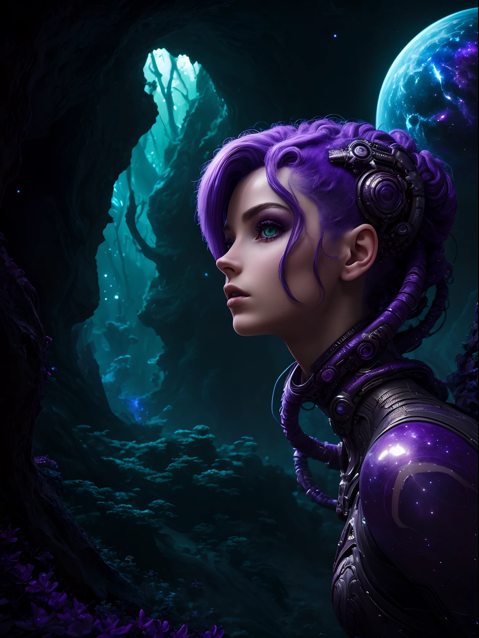 Masterpiece, RAW photo, hyper photorealistic, Beautiful alien girl with a lot of purple hair, on a far fantastic planet, cosmic landscape, cute sexy, highly detailed, sci-fi aesthetic, fantasy aura, unearthly vegetation, by rutkowski, hdr, intricate details, hyperdetailed, cinematic, depth of field, rim light