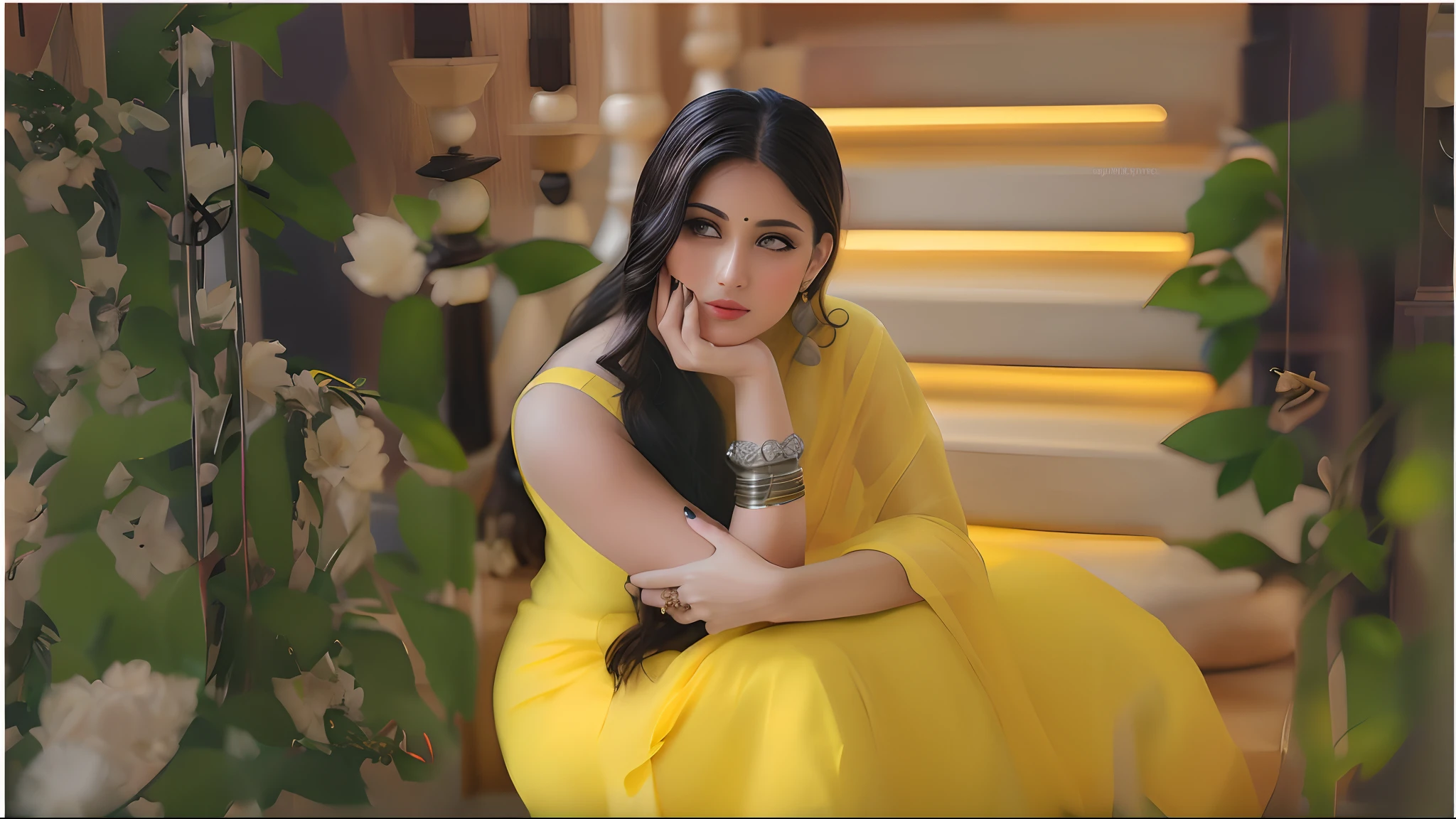 araffe woman in a yellow dress sitting on a set of stairs, with yellow cloths, beautiful yellow woman, traditional beauty, actress, lady using yellow dress, shades of yellow, stunning elegant pose, stylish pose, high res, yellow clothes, yellow colours, yellow hue, portrait shot, yellow, on a yellow canva, (((yellow))), attractive pose