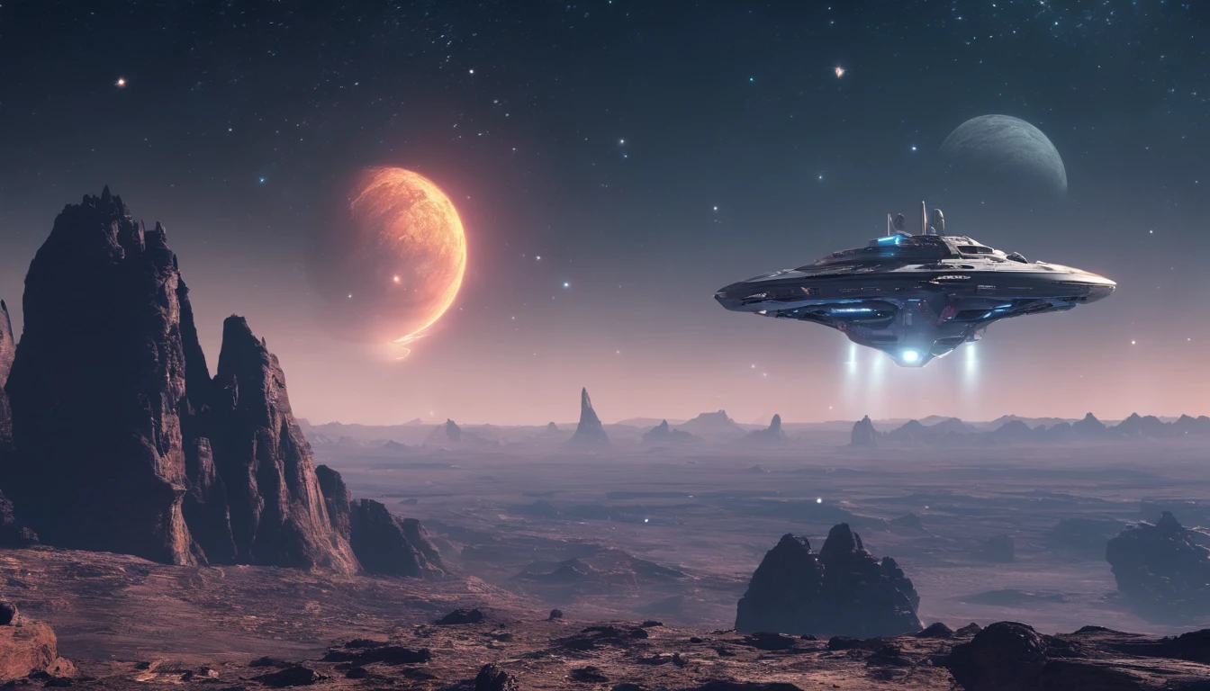 A spaceship flying over a rocky landscape with planets in the ...