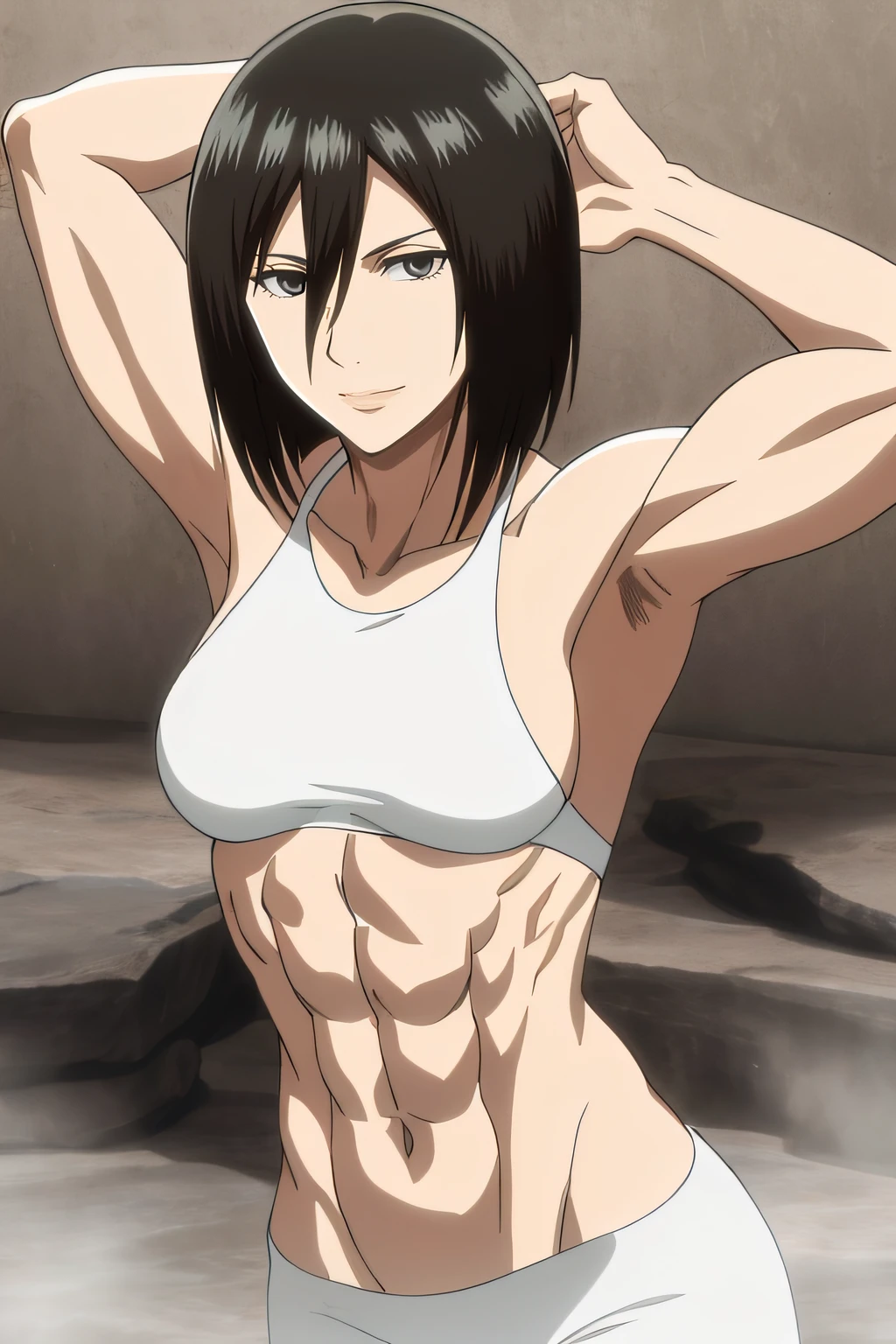 deslumbrante, armpits, detalles intrincados, 1girl, Mikasa Ackerman, (cabello negro:1.3), pelo entre los ojos, pelo corto, patillas, labios, cerrar, solamente, labios, Obra maestra, La mejor calidad, , bathing, pezon, ojos negros, , black eyes, muscle, medium breasts, sonrisa, muscular, musculoso femenino, ABBS, musculatura, nude, desnudo