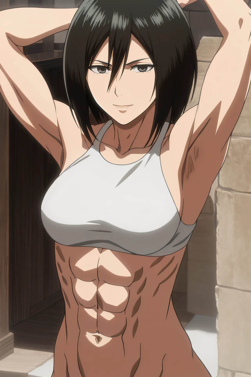 deslumbrante, armpits, detalles intrincados, 1girl, Mikasa Ackerman, (cabello negro:1.3), pelo entre los ojos, pelo corto, patillas, labios, cerrar, solamente, labios, Obra maestra, La mejor calidad, , bathing, pezon, ojos negros, , black eyes, muscle, medium breasts, sonrisa, muscular, musculoso femenino, ABBS, musculatura, nude, desnudo