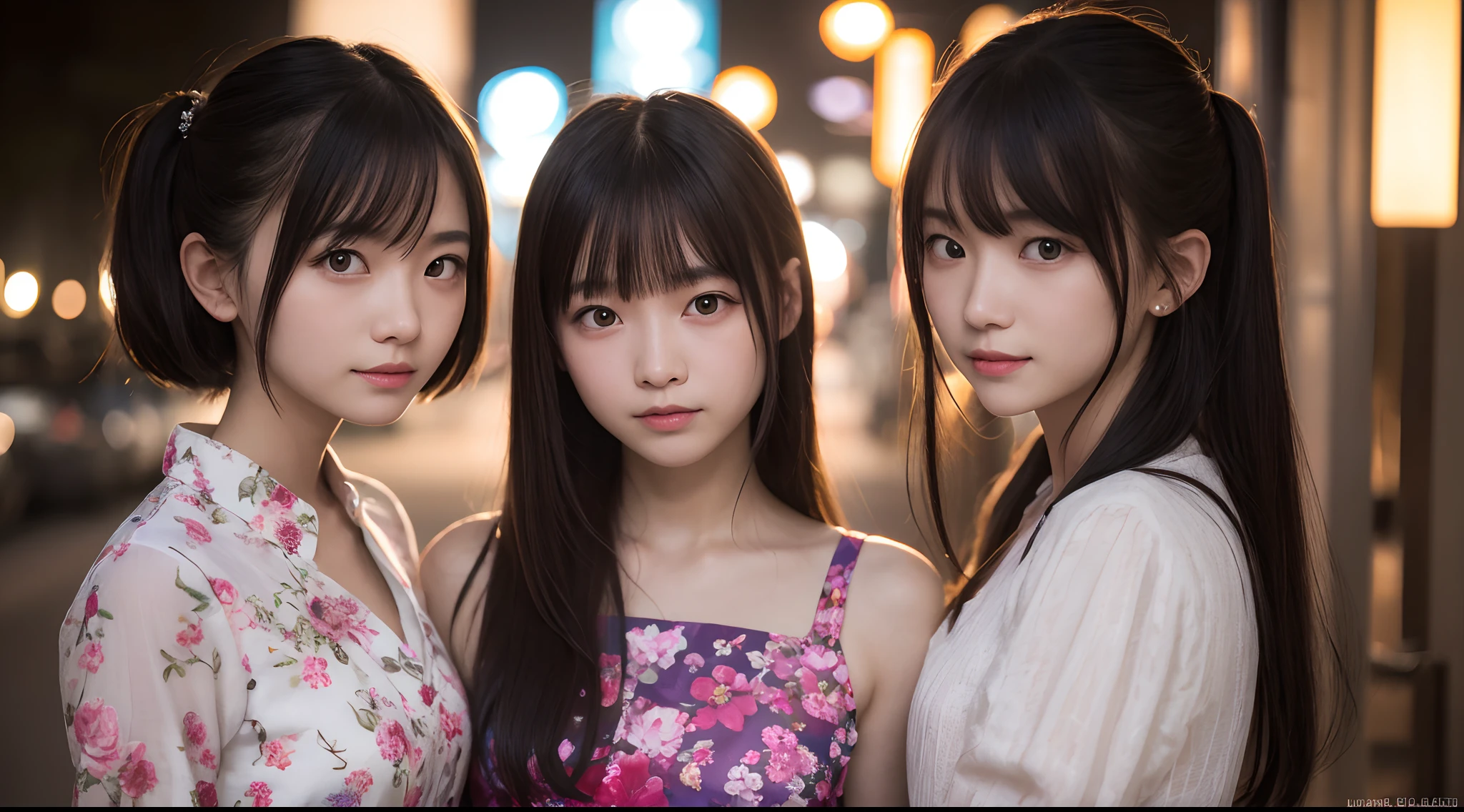masterpiece, best quality, 8k, young, raw photo, absurdres, award winning portrait, smirk, solo, night, neon, idol face, 3girls, delicate chinese girls, floral dress, upper body, DSLR, looking at viewer, candid, sophisticated, youthful, thin arms, professional lighting, film grain, chromatic aberration, (detailed eyes and face:1.0), (bokeh:1.1)