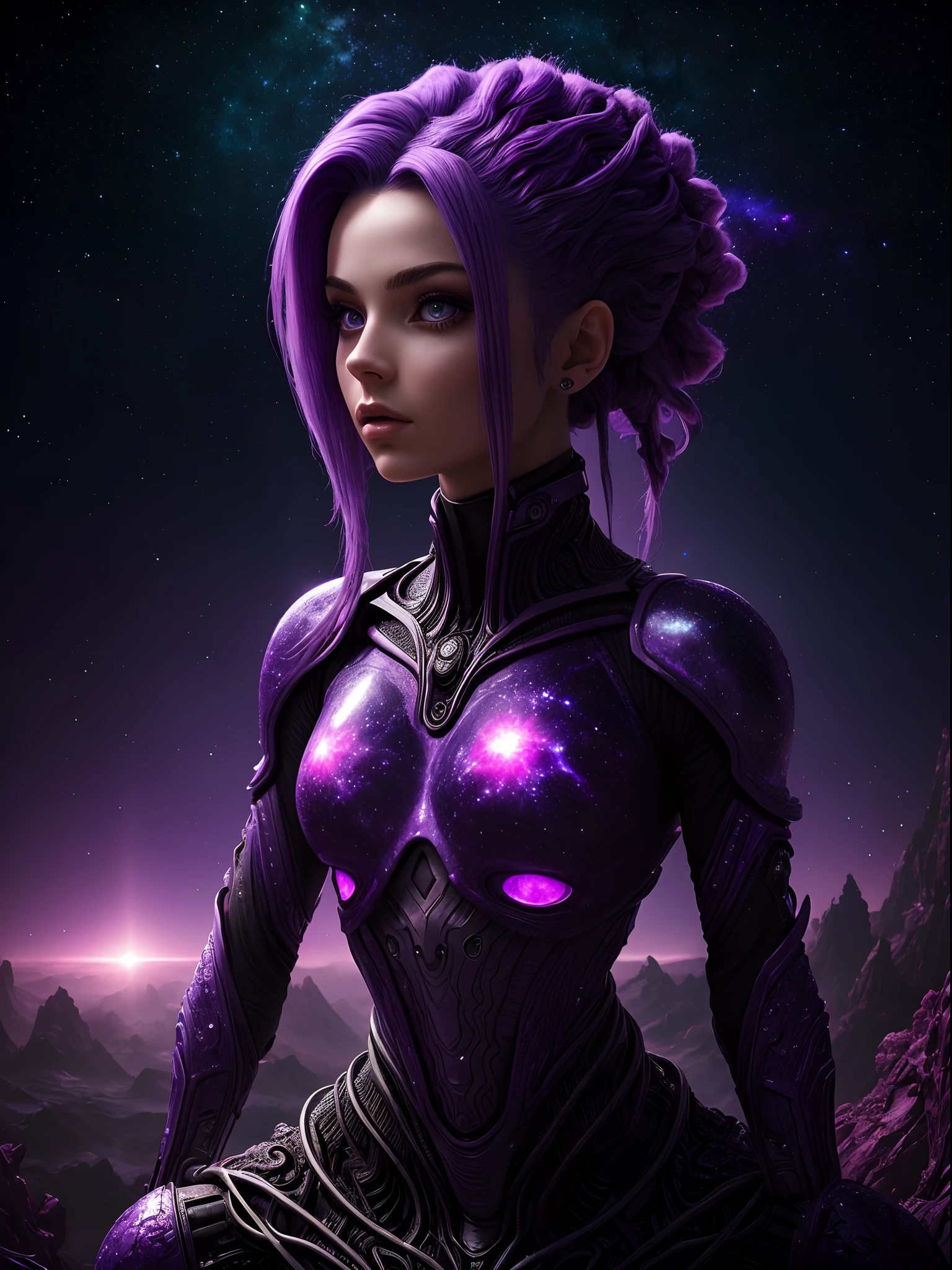 Masterpiece, RAW photo, hyper photorealistic, Beautiful alien girl with a lot of purple hair, on a far fantastic planet, cosmic landscape, cute sexy, highly detailed, sci-fi aesthetic, fantasy aura, unearthly vegetation, by rutkowski, hdr, intricate details, hyperdetailed, cinematic, depth of field, rim light