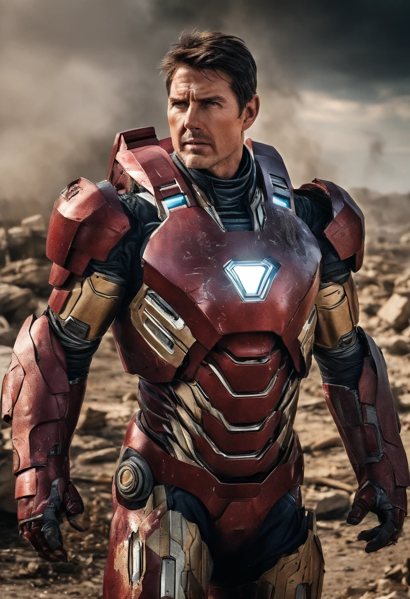 In a cinematic scene, Tom Cruise in Iron Man suit, not wearing helmet,  close up portrait shot, ashes and gray desolated settings but it's ravaged and torn, displaying intricate details of battle damage. The suit's once-vibrant red and gold now appear as cold, gritty ashes, blending into a desolate, gray landscape. Amidst the ruins, Cruise's determination shines through his battered armor, a testament to the relentless fight that's left him worn yet unyielding, captured in the stark 8K portrait.