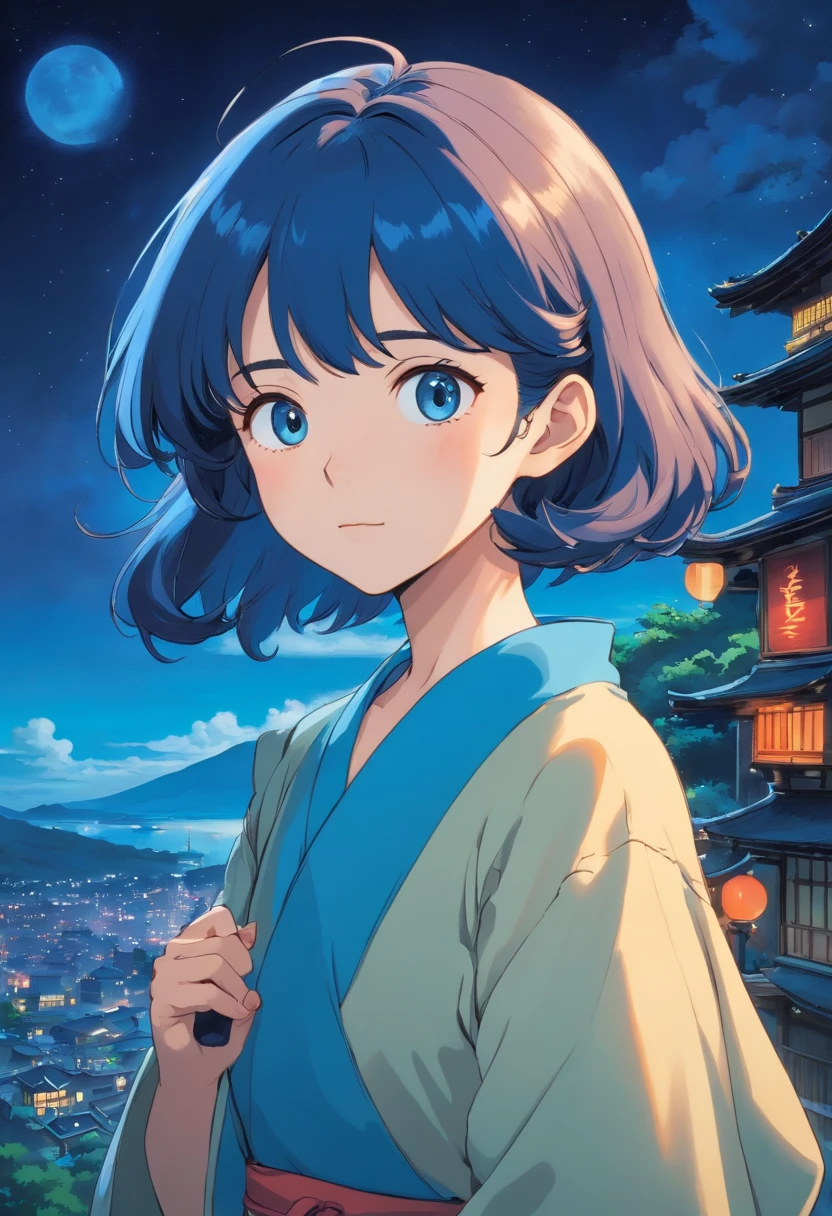 ( 1 menina linda japonesa) (cabelo azul com uma parte preta escura) (estilo anime anos 80) (anime anos 80 perfeito) (cidade a noite) (Looking at the camera sideways) (qualidade de anime anos 80 boa)